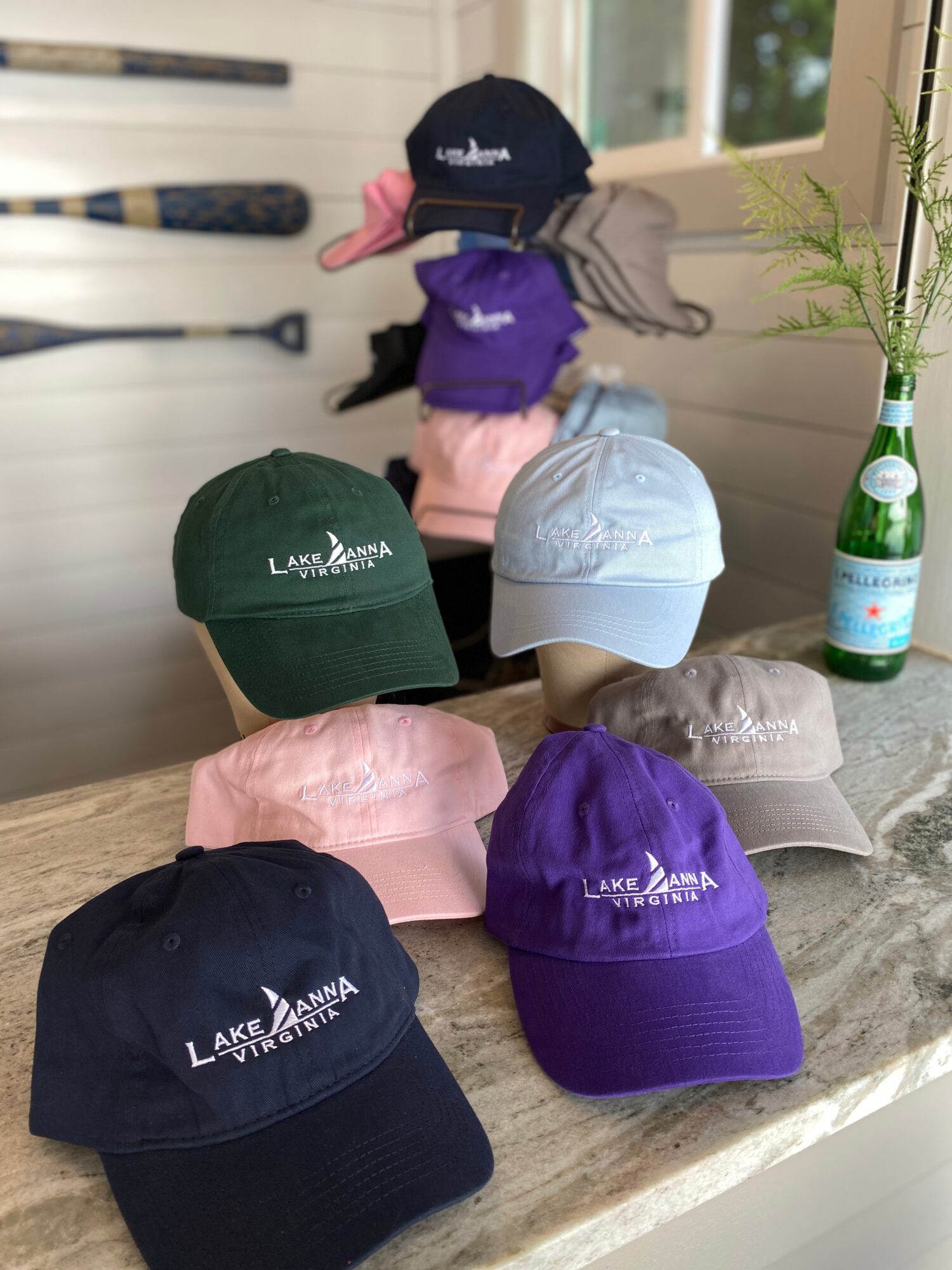 Six baseball caps in various colors arranged on a wooden surface with a plant and window in background.