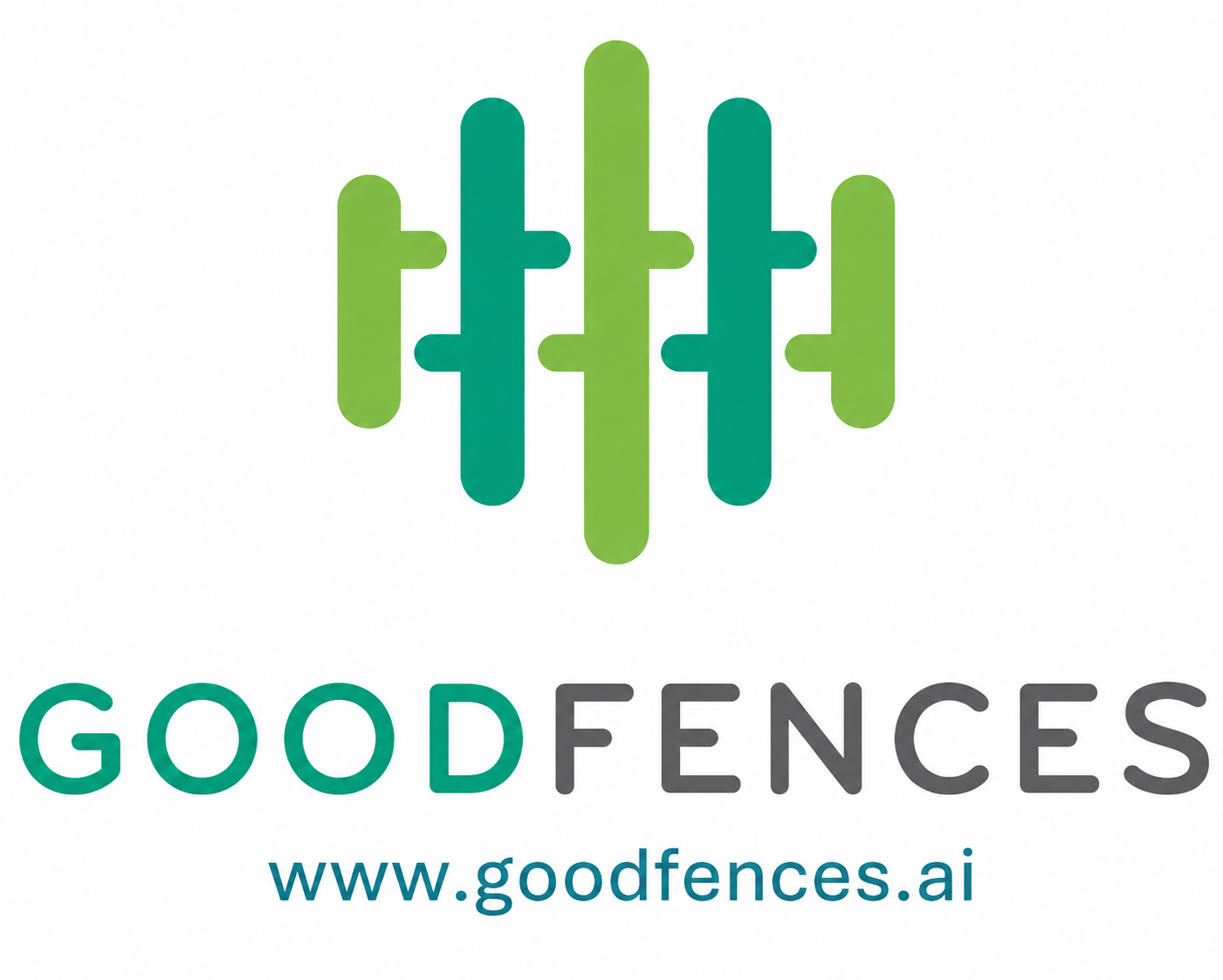 Logo with green and teal vertical bars resembling a fence, with the text 'GOOD FENCES' and website 'www.goodfences.ai'.