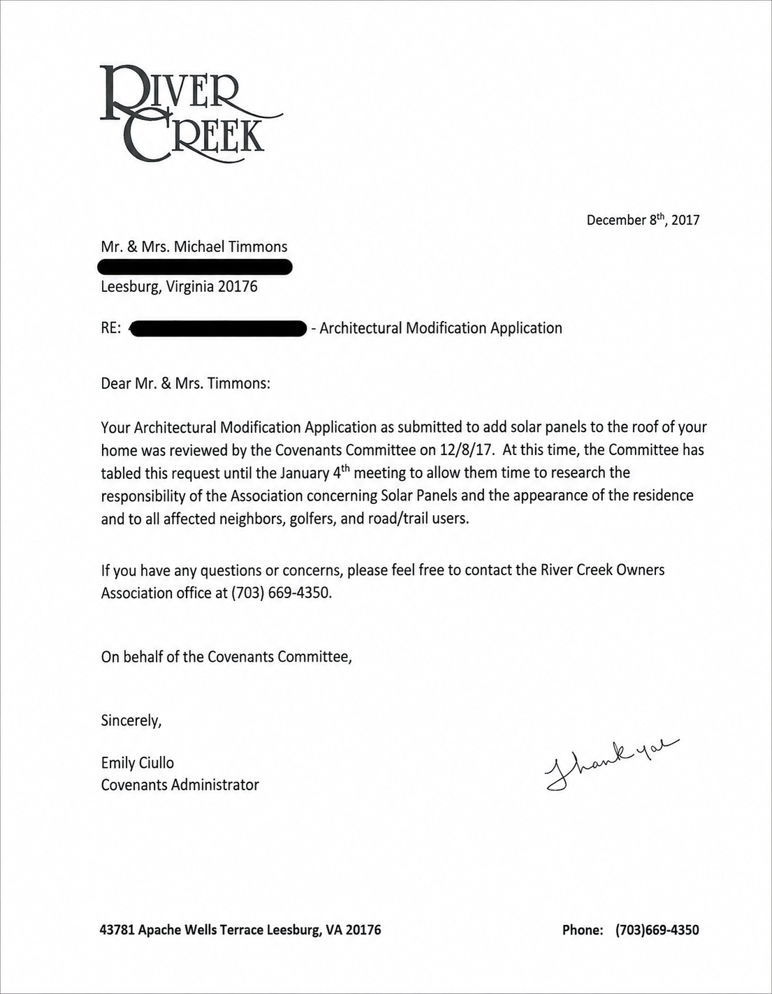 Letter from River Creek with logo, date, address, and signature, discussing architectural modification application, signed by Emily Cullo.
