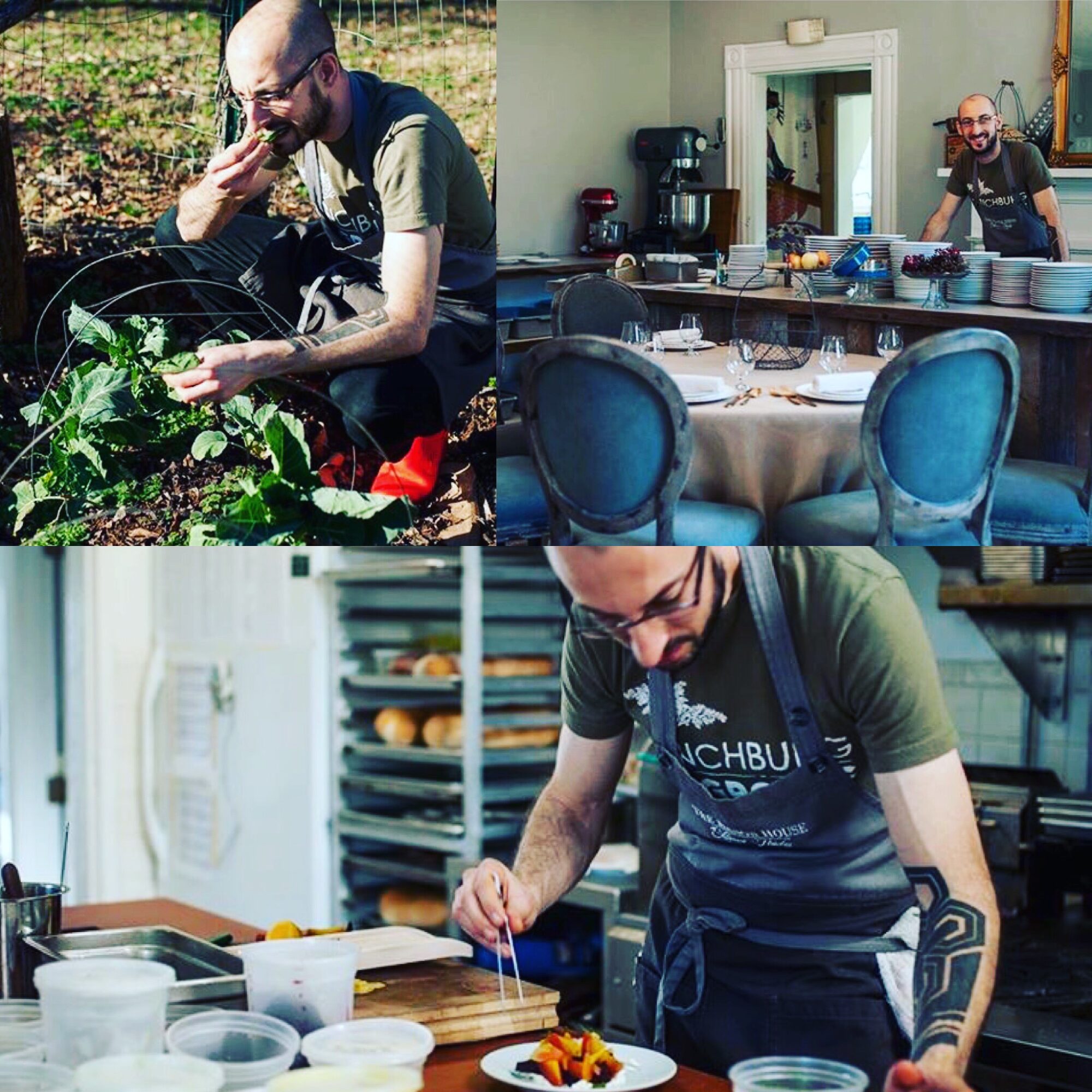 Three men in different settings: one gardening outdoors, one in a kitchen, and one in a dining area, all wearing glasses.