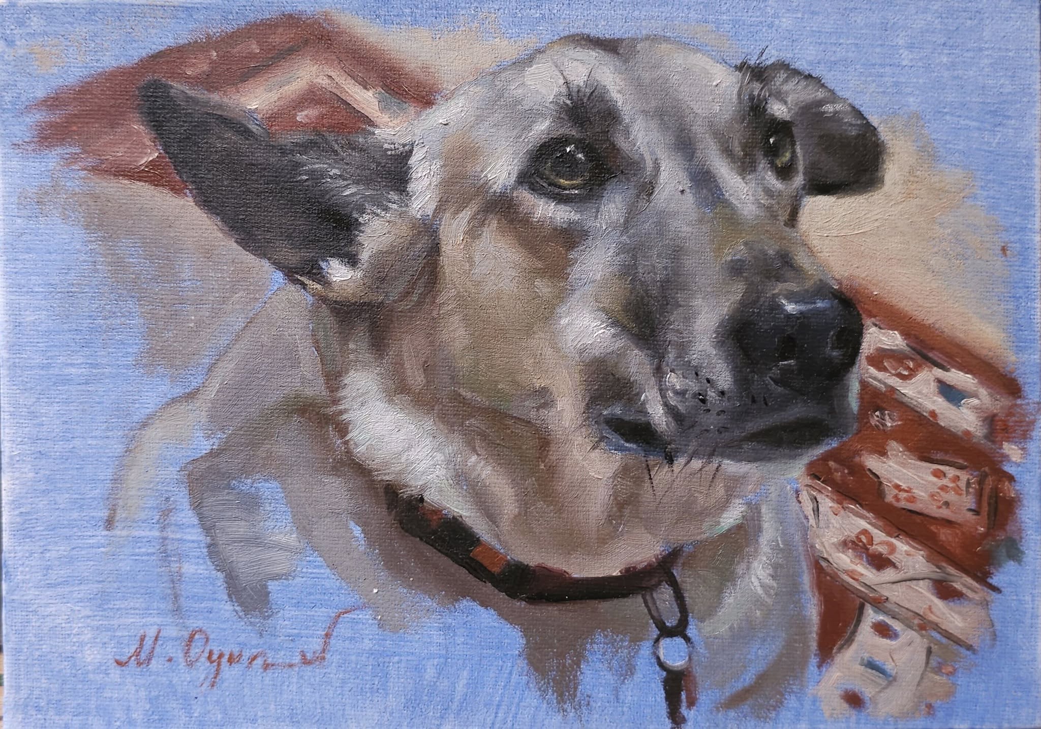Portrait of a dog with one ear up, wearing a collar, against a blue background, painted in a realistic style.
