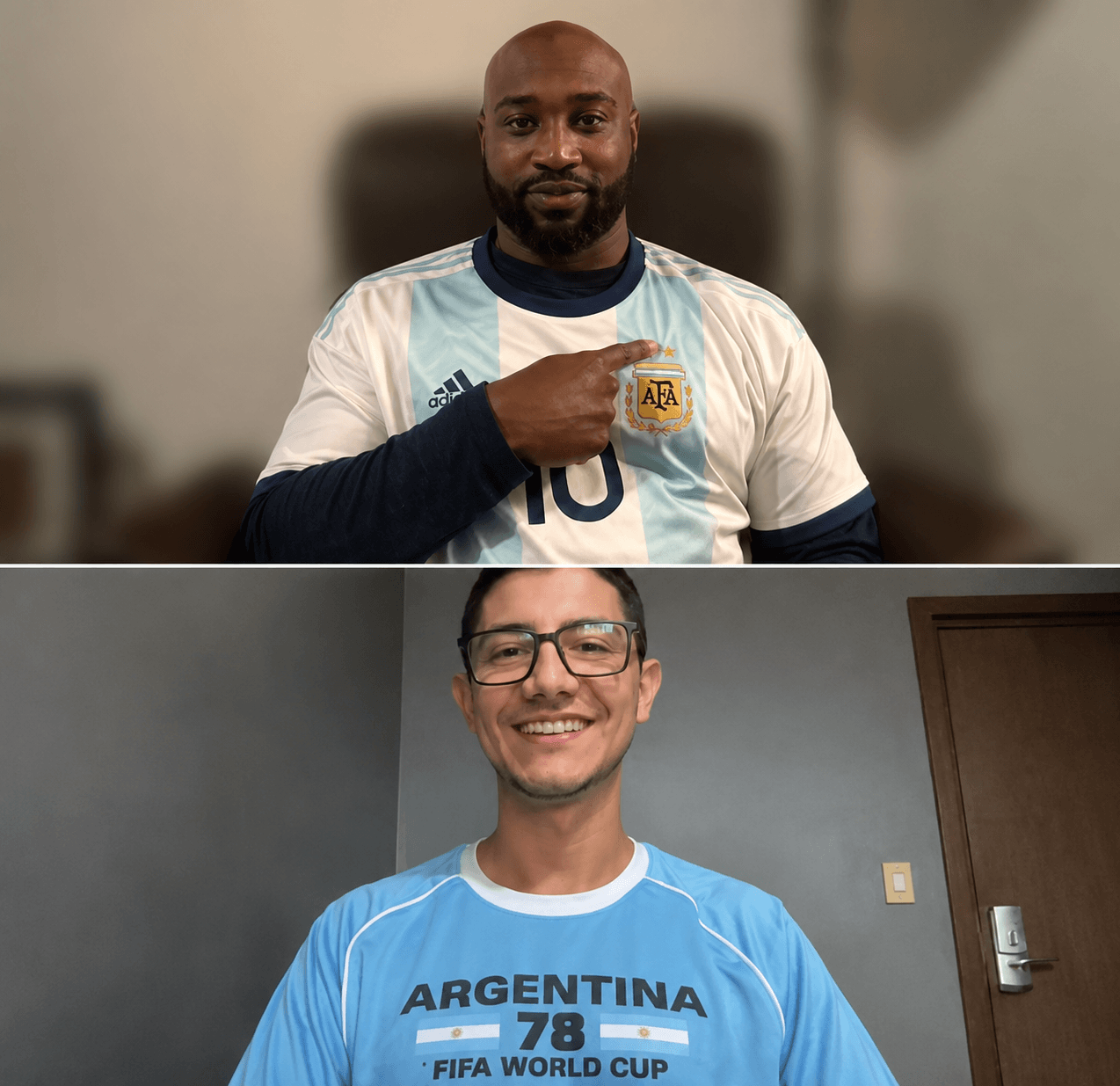 Two men smiling, one pointing at Argentina soccer jersey, the other wearing glasses and Argentina FIFA World Cup shirt.