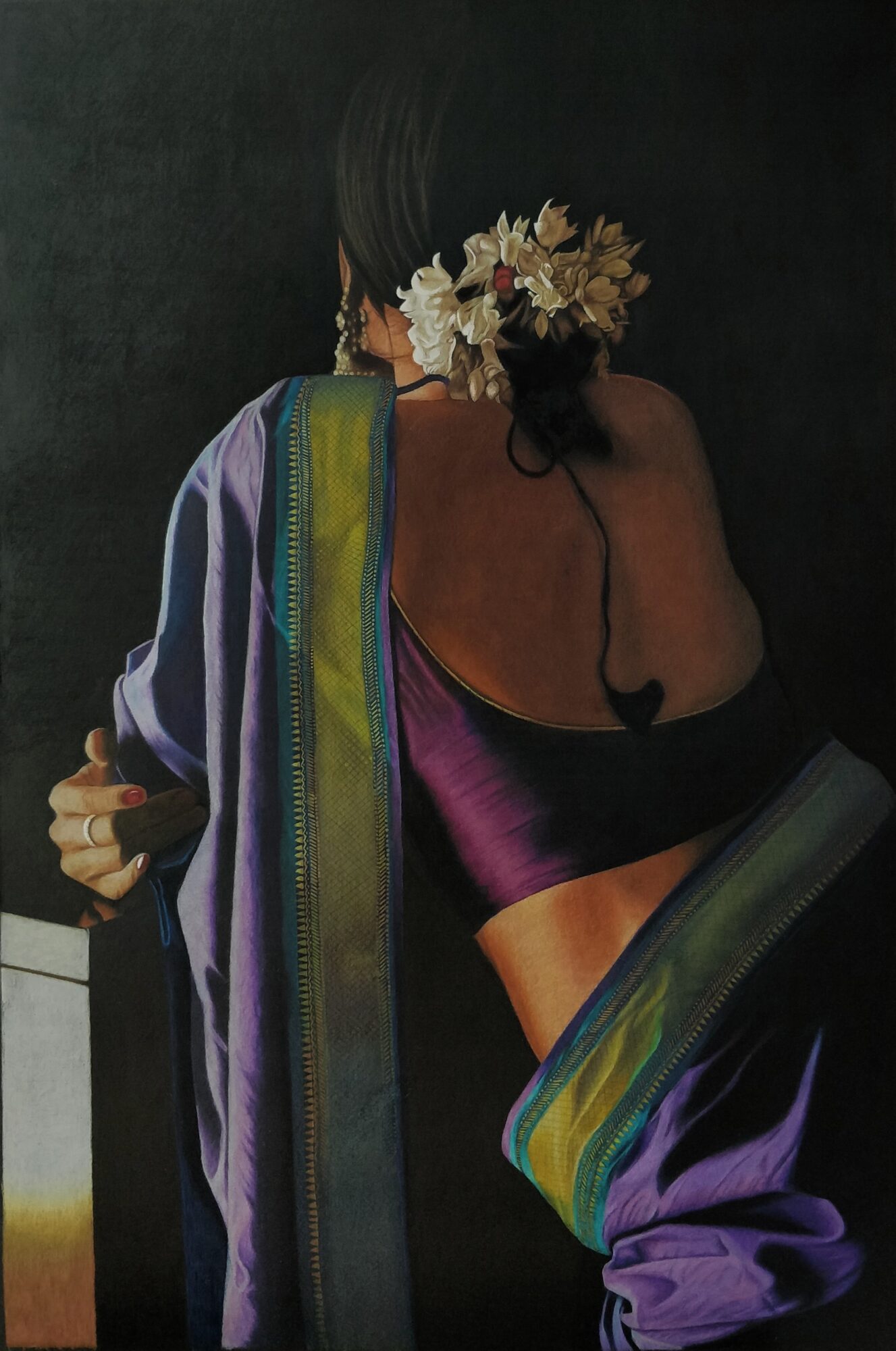 Person with back turned, holding flowers over face, wearing colorful clothing, dark background, in a painting style.