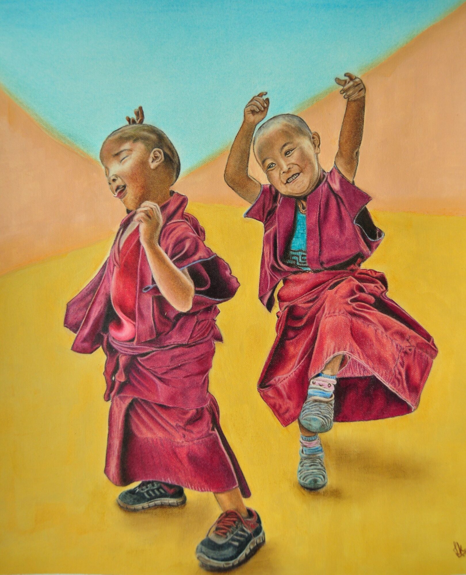 Two children in pink outfits dancing with joyful expressions, one with arms raised, against a colorful background.