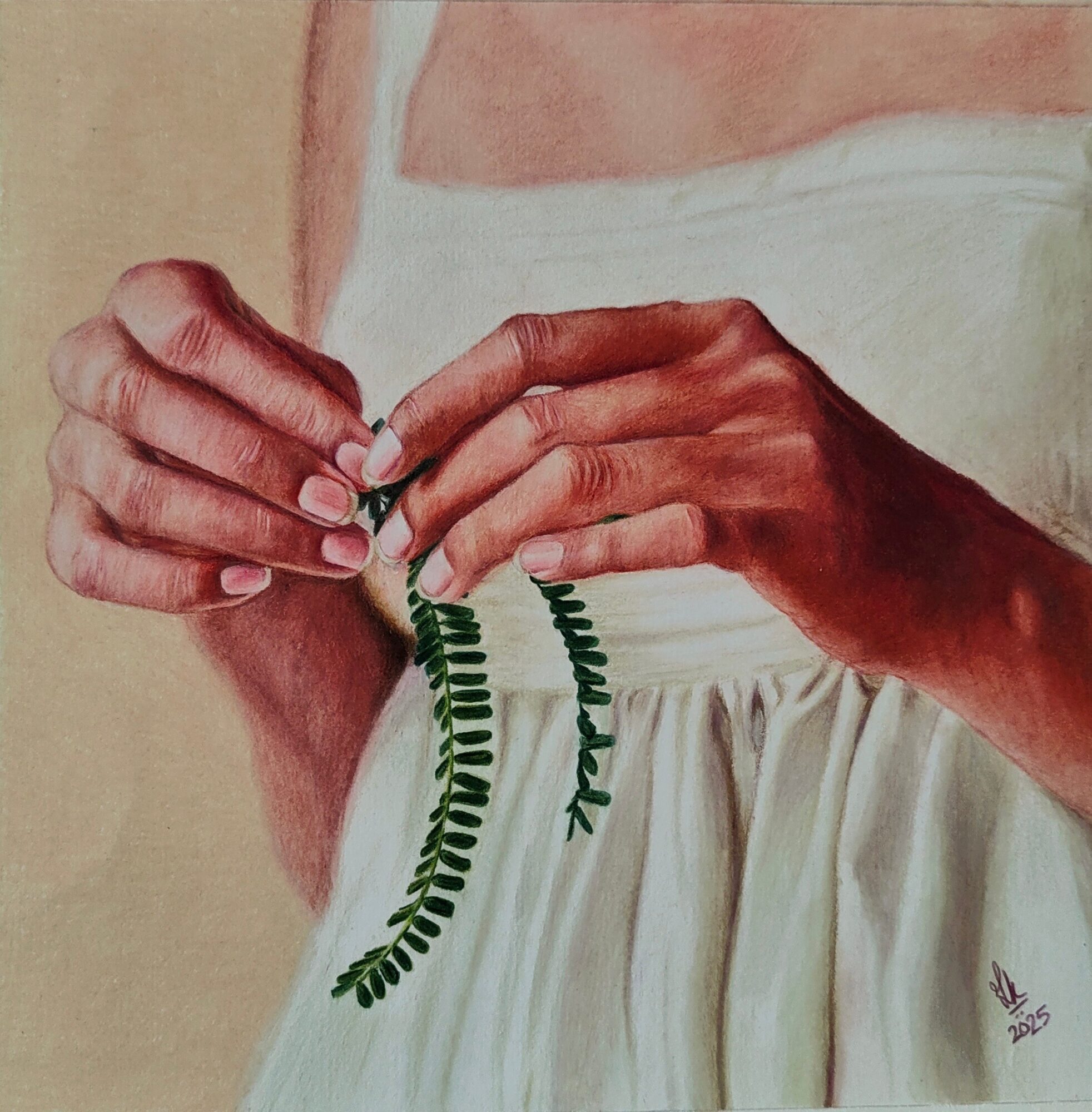 Close-up of a person’s hands holding a small fern leaf, wearing a white dress, with a beige background.