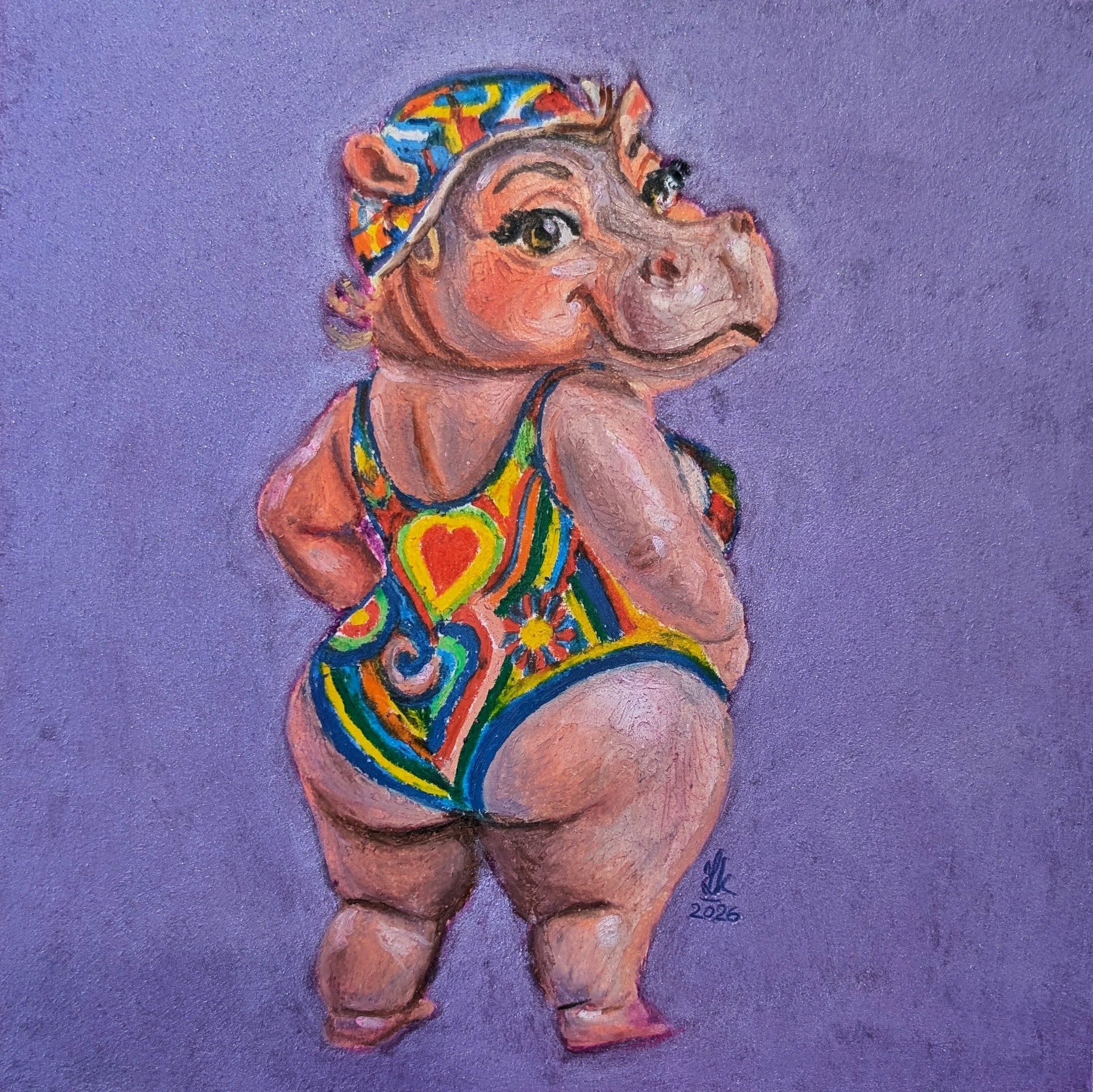 Colorful cartoon hippopotamus in a swimsuit and headband, standing with back turned, on purple background.