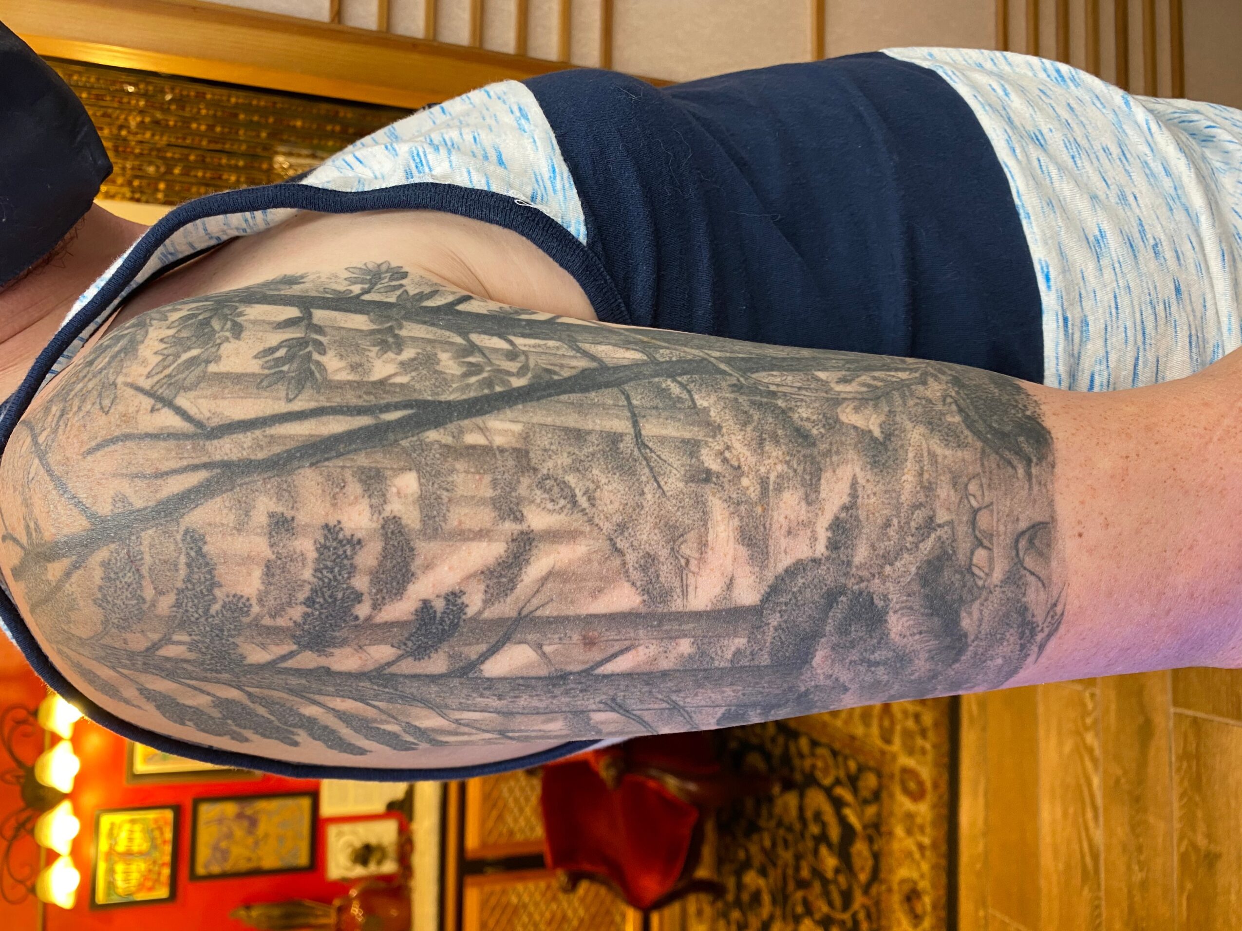 Close-up of a person's arm with a detailed black and gray landscape tattoo, showing trees and water, in a room with wooden furniture.