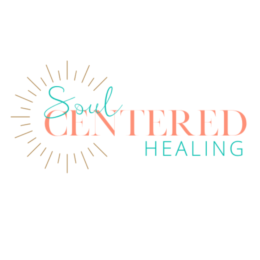 Centered logo with text 'Soul' in script, 'CENTERED' in large serif, and 'HEALING' in smaller sans-serif, with radiating lines.