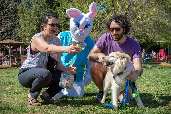 Two people, one in a bunny costume, and a man with a dog outdoors in a park, smiling and interacting.