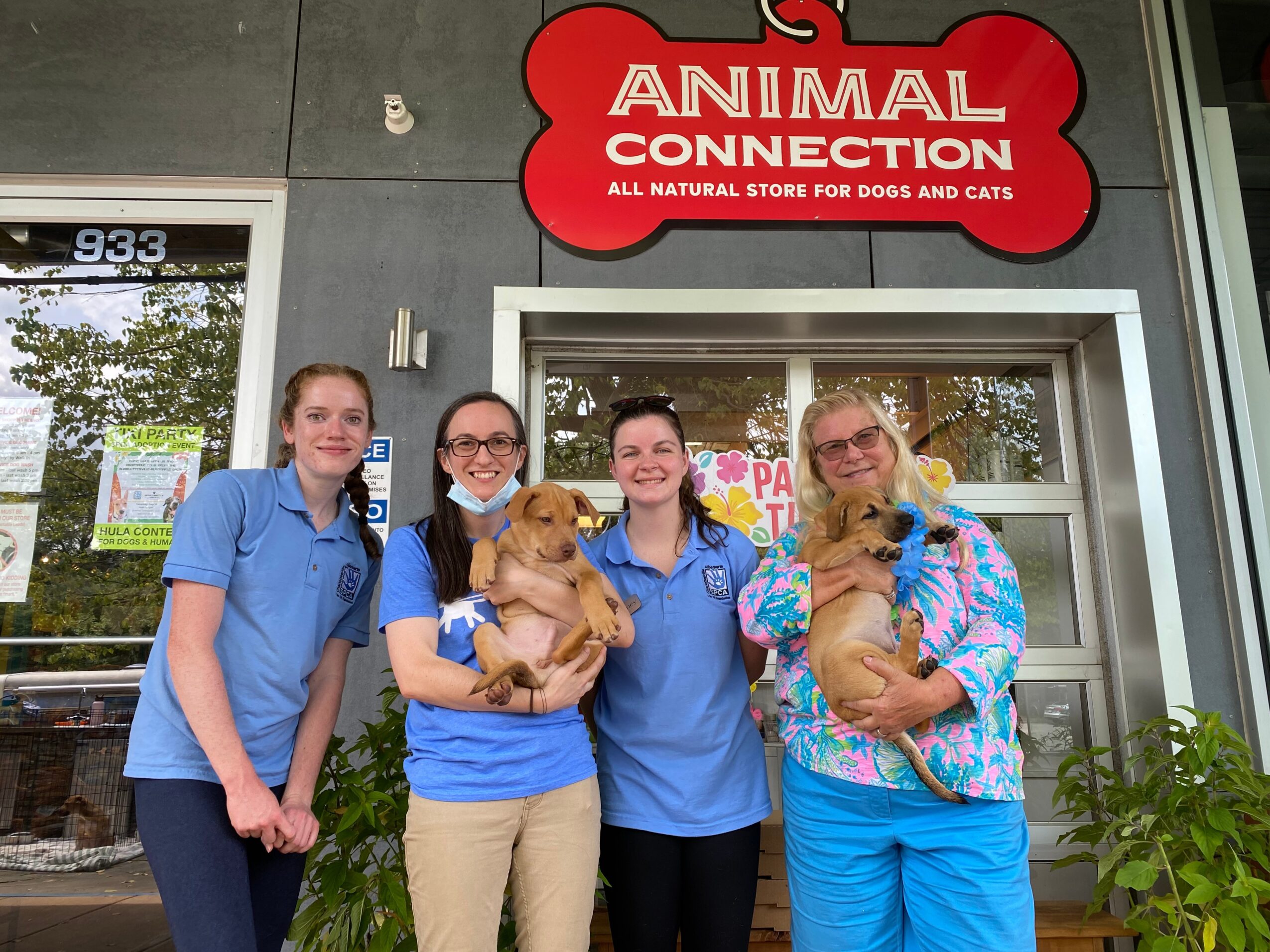 Four women standing outside a store holding dogs, in front of a red sign that reads 'Animal Connection'.