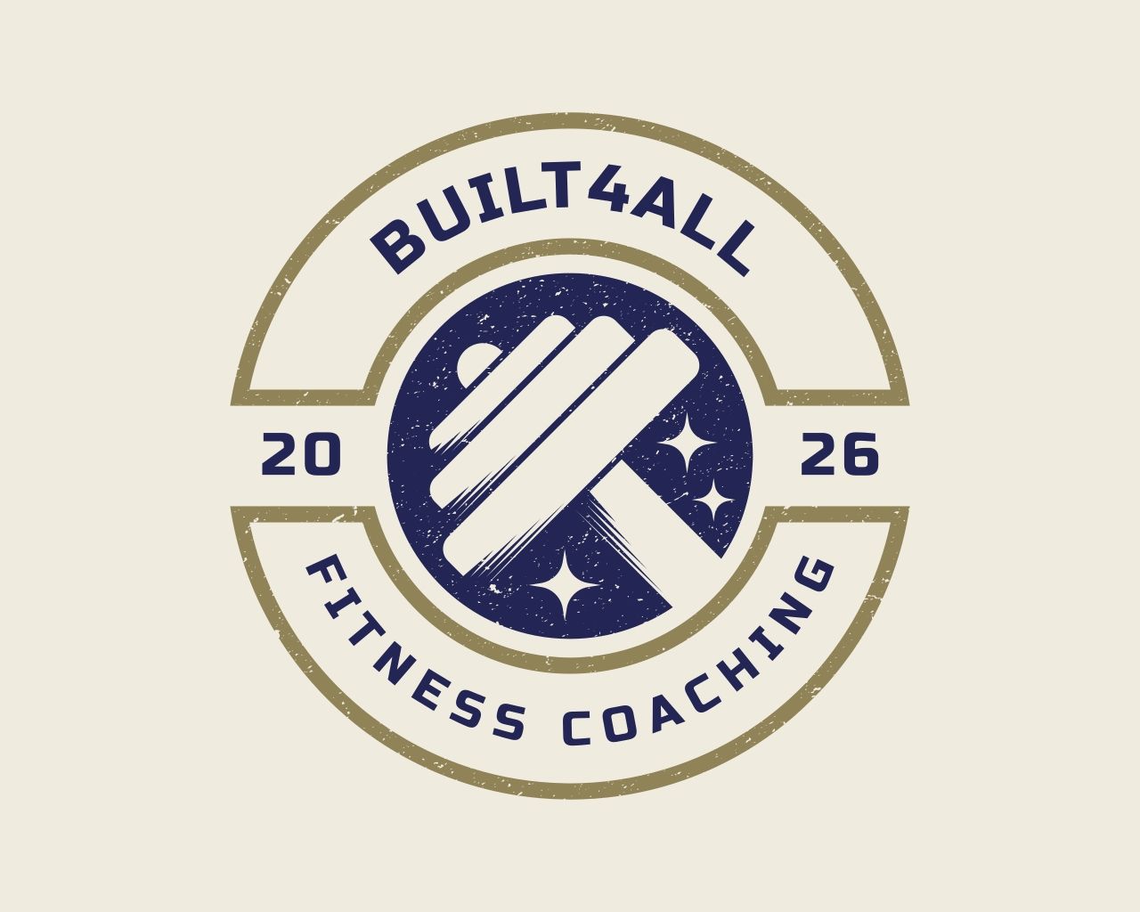 Circular logo with text 'BUILT 4 ALL FITNESS COACHING' and '2016', featuring a stylized dumbbell and stars.