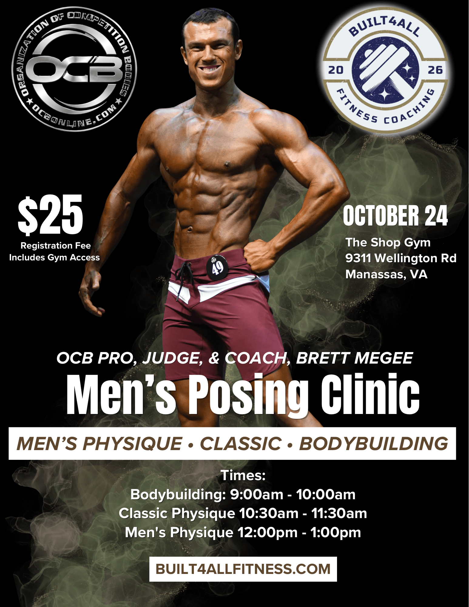 Promotional poster for men's posing clinic featuring a shirtless man with a muscular physique, event details, and logos.