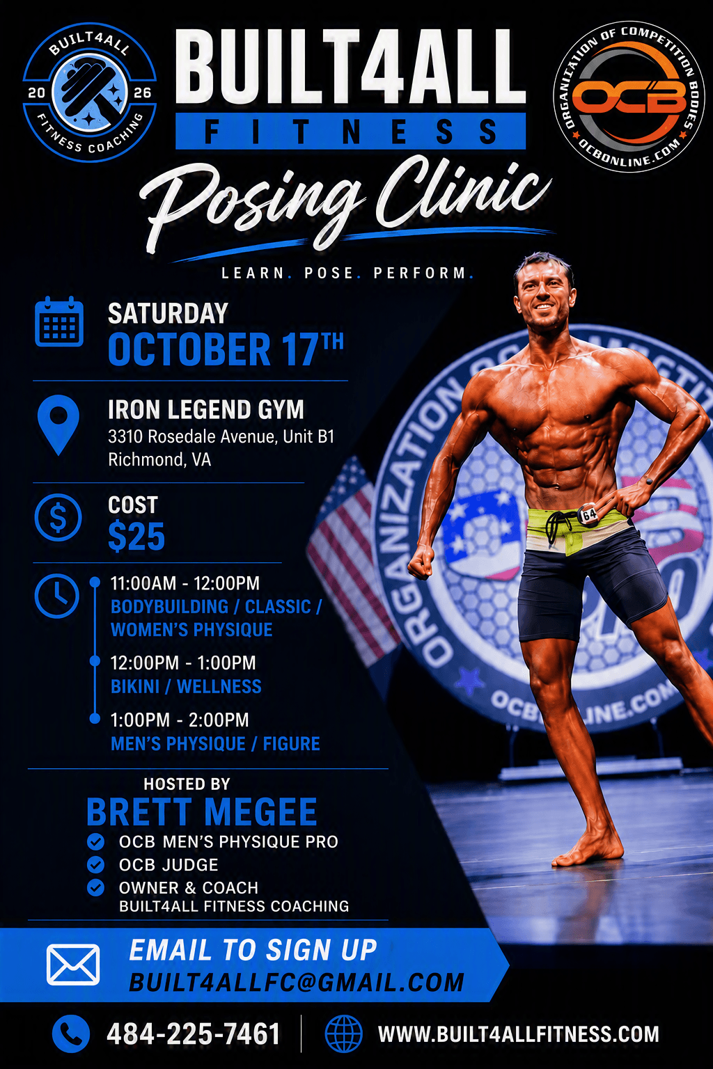 Poster for Build4All Fitness posing clinic featuring a shirtless male model, event details, and contact information.