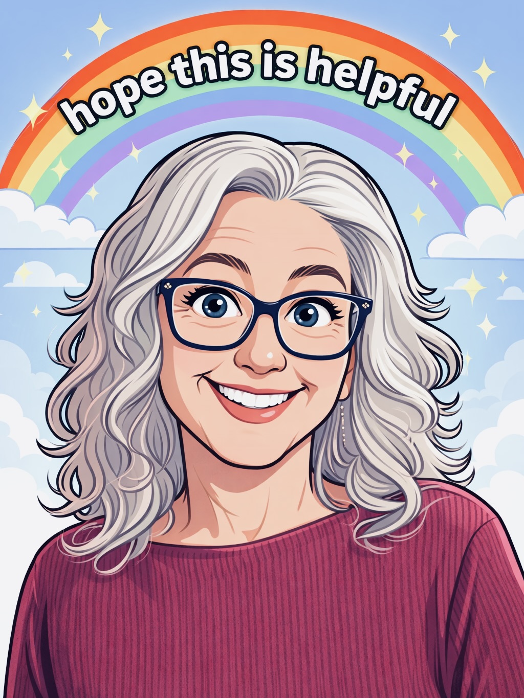 A woman with gray hair and glasses smiling, with a rainbow and clouds in the background, and the text 'hope this is helpful'.
