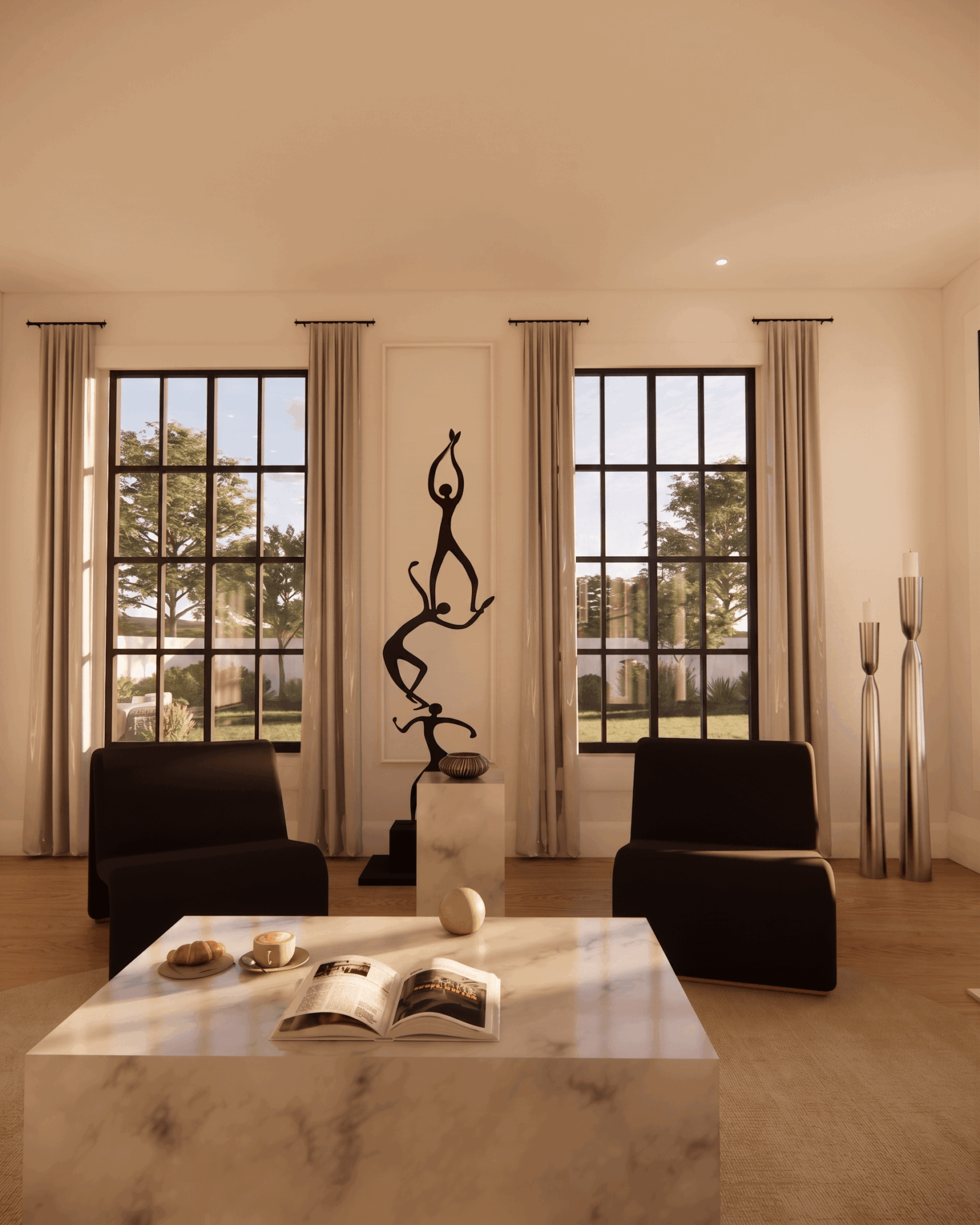 Living room with two black chairs, a marble coffee table, large windows with curtains, and a sculpture between the windows.