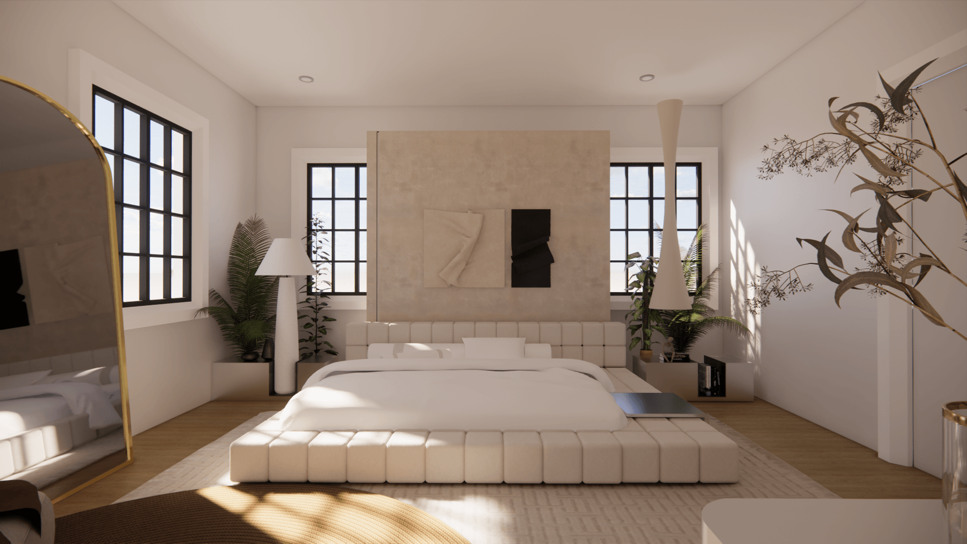Bedroom with large windows, a bed, and minimal decor, including plants and a tree branch sculpture, in natural light.