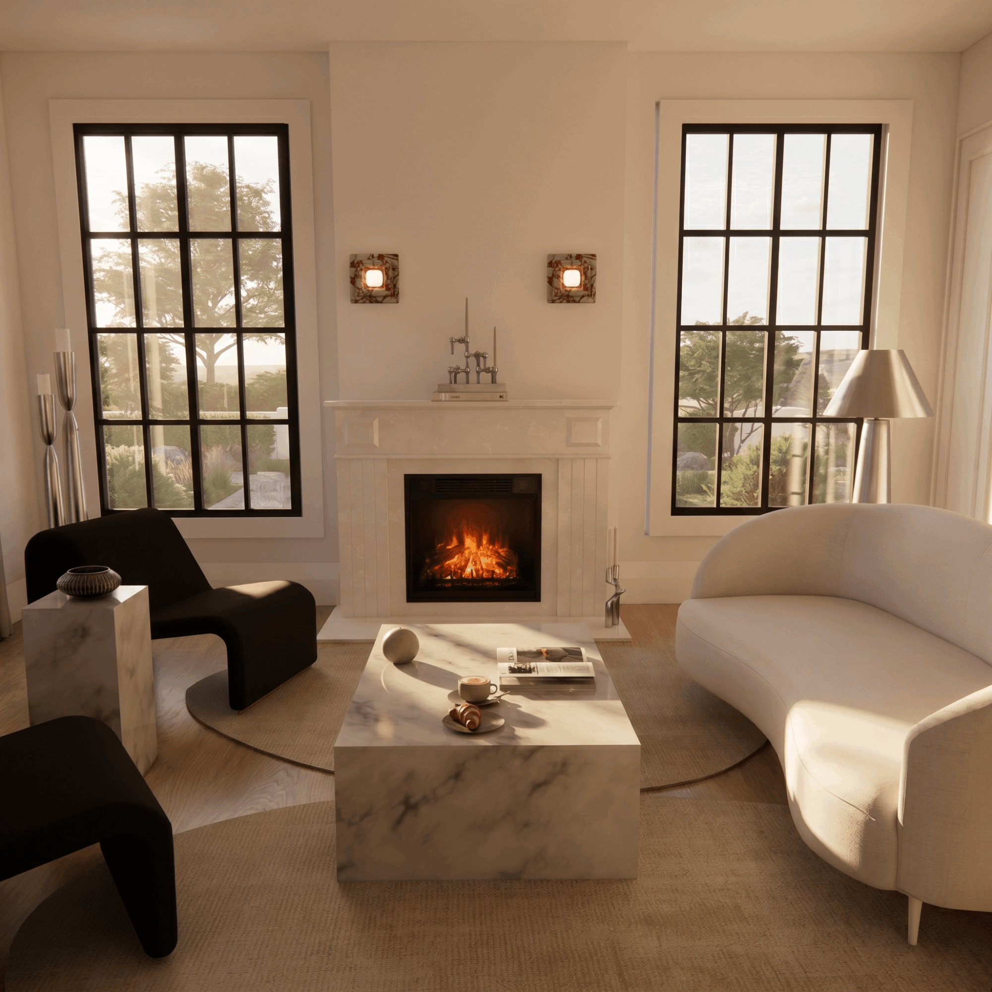 Living room with fireplace, two large windows, white walls, and furniture including a white curved sofa, black chairs, and a marble coffee table.