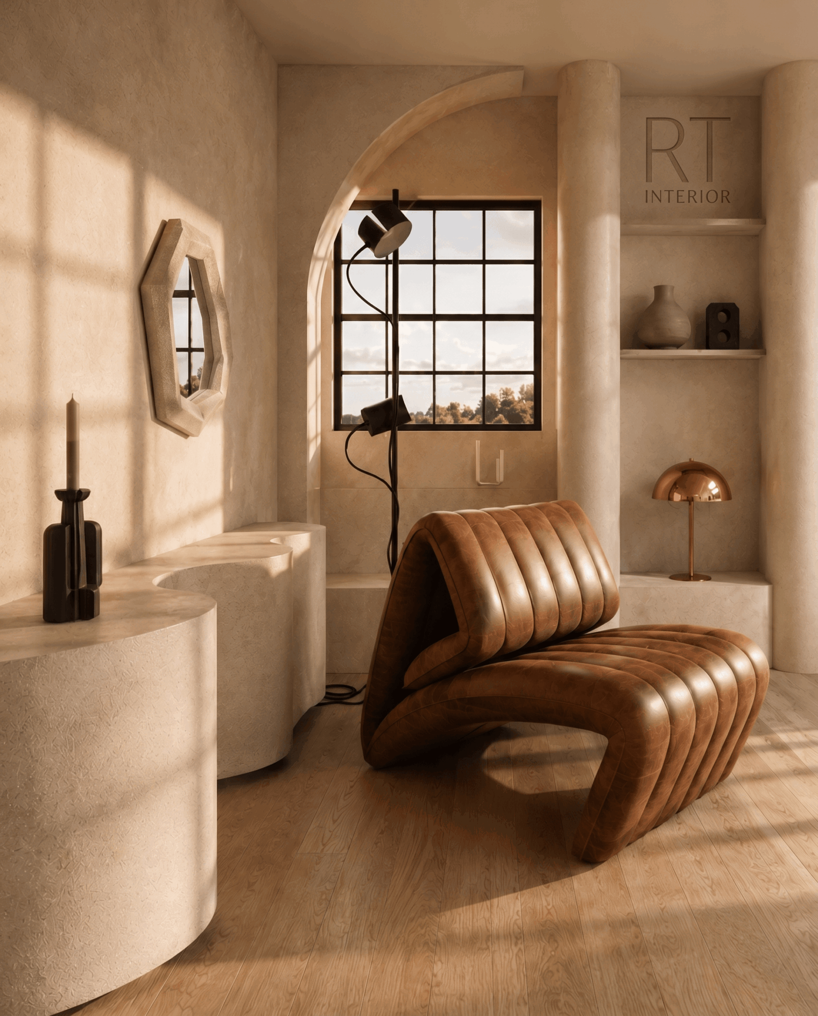 Interior with a curved leather lounge chair, window with grid pattern, and decorative shelves with objects.