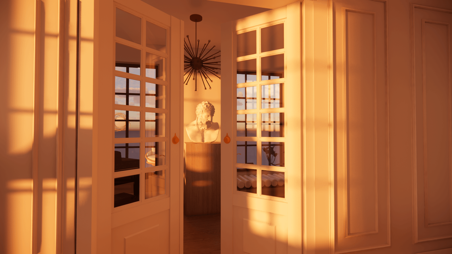 Sunlight streams through open glass-paneled doors into a room with a modern chandelier and a view outside.