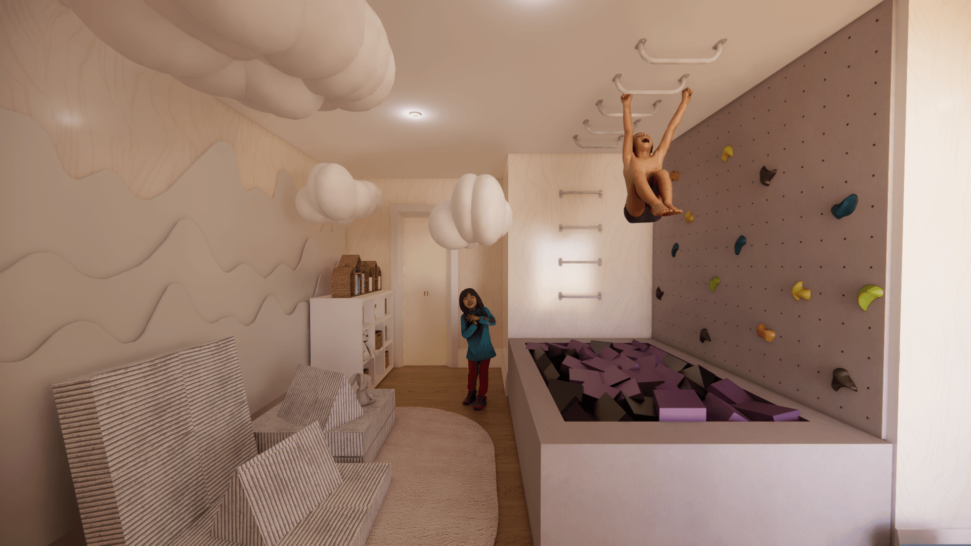 Child climbing on a colorful indoor rock wall, another child standing nearby, room with cloud decorations and furniture.