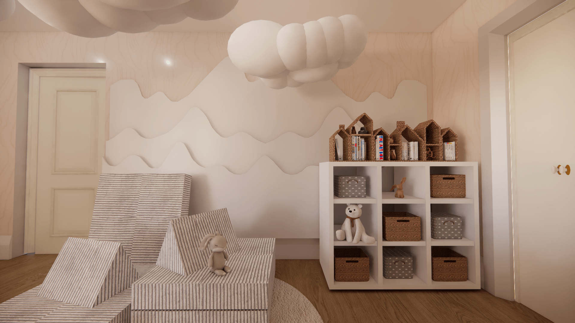 Children's room with cloud-shaped wall decor, a gray armchair, and a white storage unit with baskets and toys.
