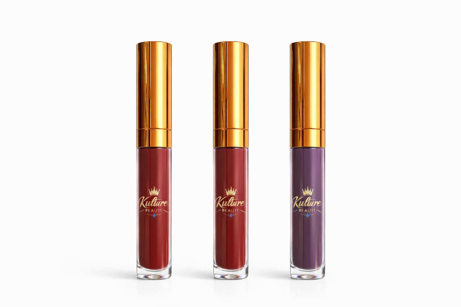 Three lip gloss tubes with gold caps and different shades of red and purple, standing upright against a white background.