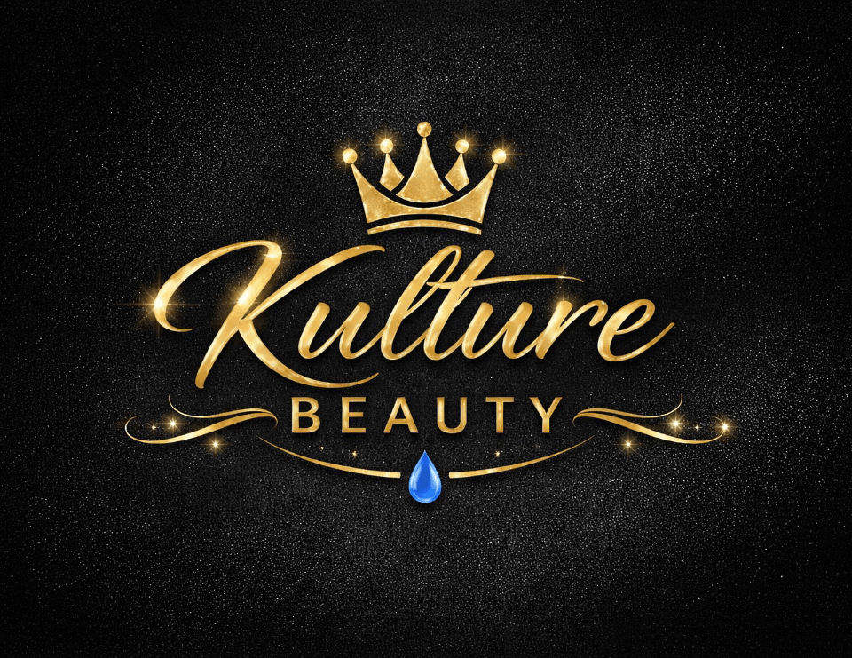 Gold crown above the words 'Kulture Beauty' on a black background, with a blue drop below, elegant design.