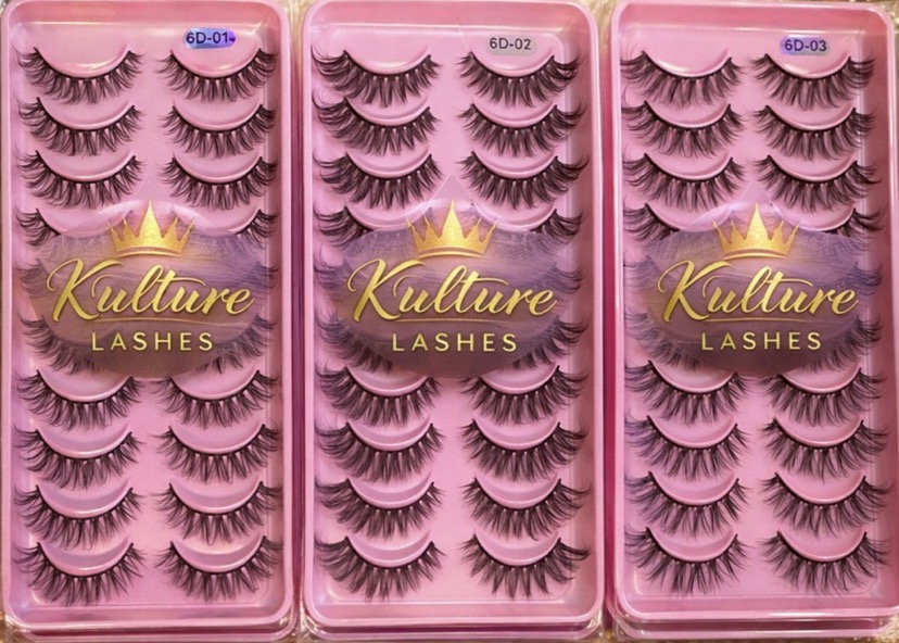 Three pink eyelash sets in packaging with gold crown and text, arranged vertically. Each set has multiple pairs of false eyelashes.