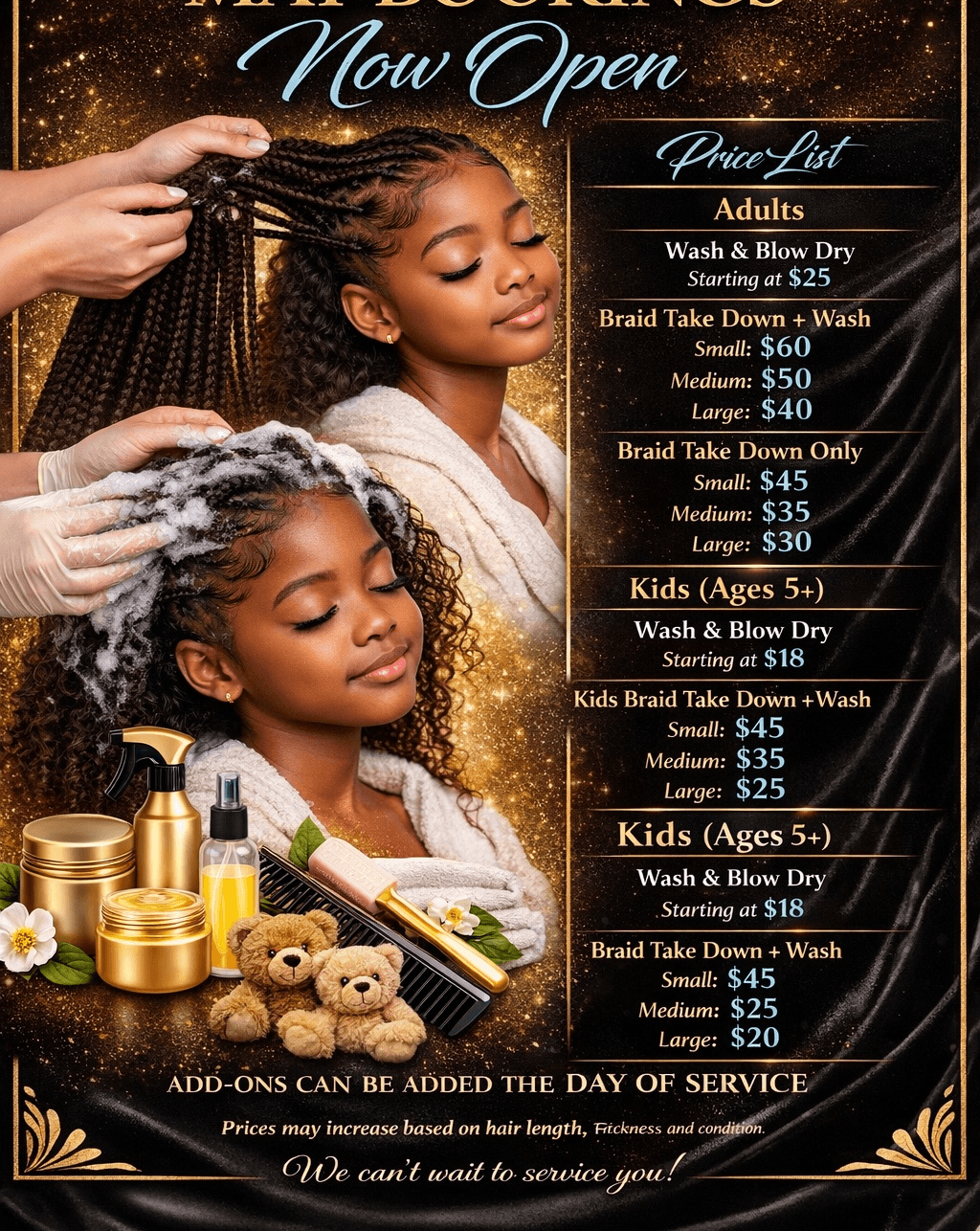 Two young girls with braided hair and closed eyes, surrounded by hair care products and teddy bears, on a promotional poster.