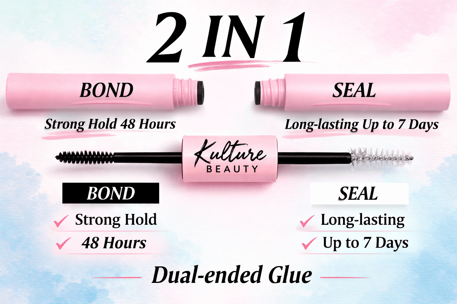 Advertisement for 2-in-1 eyelash glue with bond and seal functions, showing pink tubes, a brush, and text about hold and longevity.