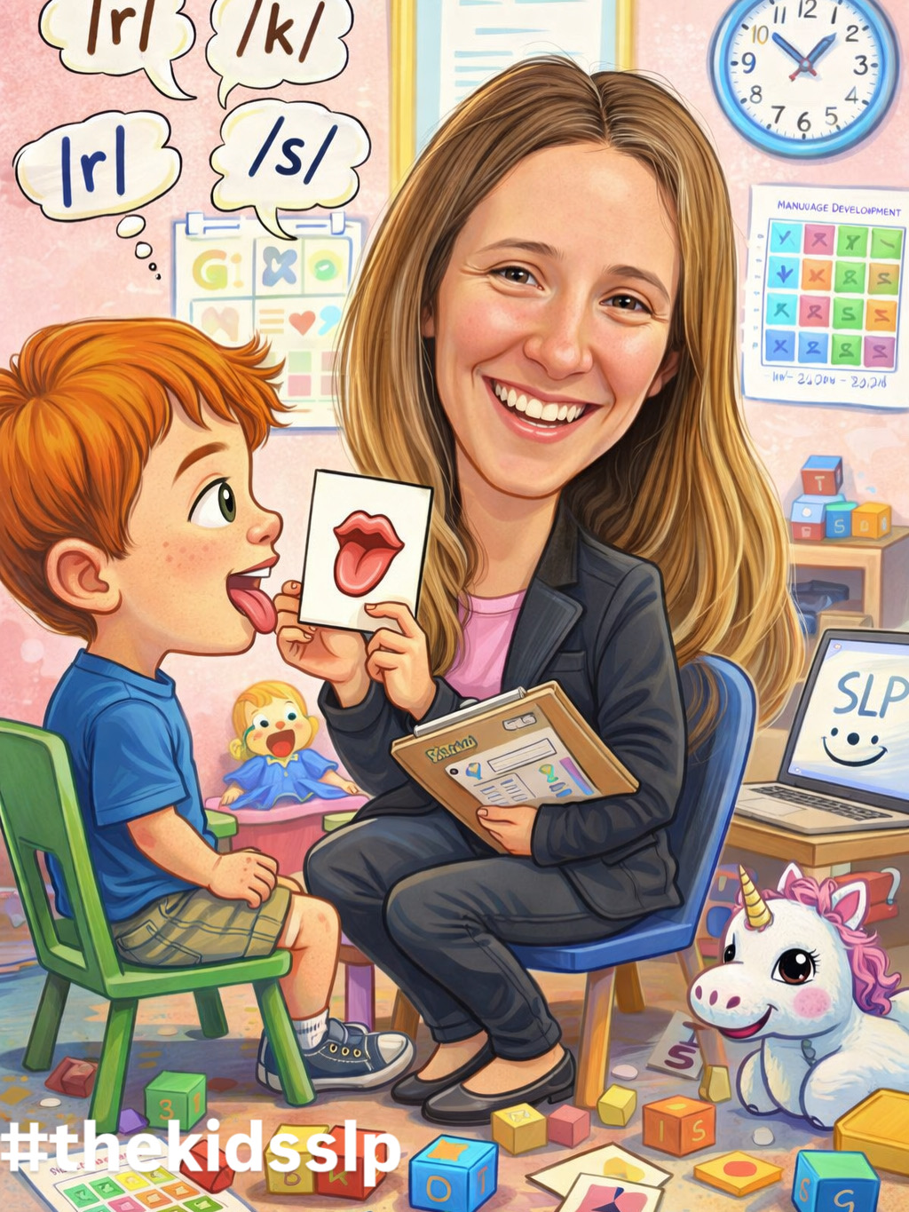 A woman with long hair smiling at a young boy holding a card with a tongue, in a classroom setting.
