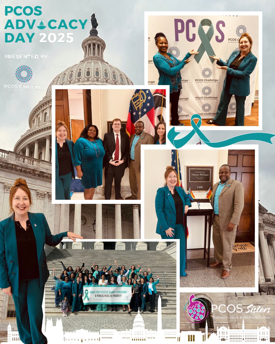 Collage of photos from PCOS Awareness Day 2025 event, including people holding a ribbon, group photos, and a woman speaking.