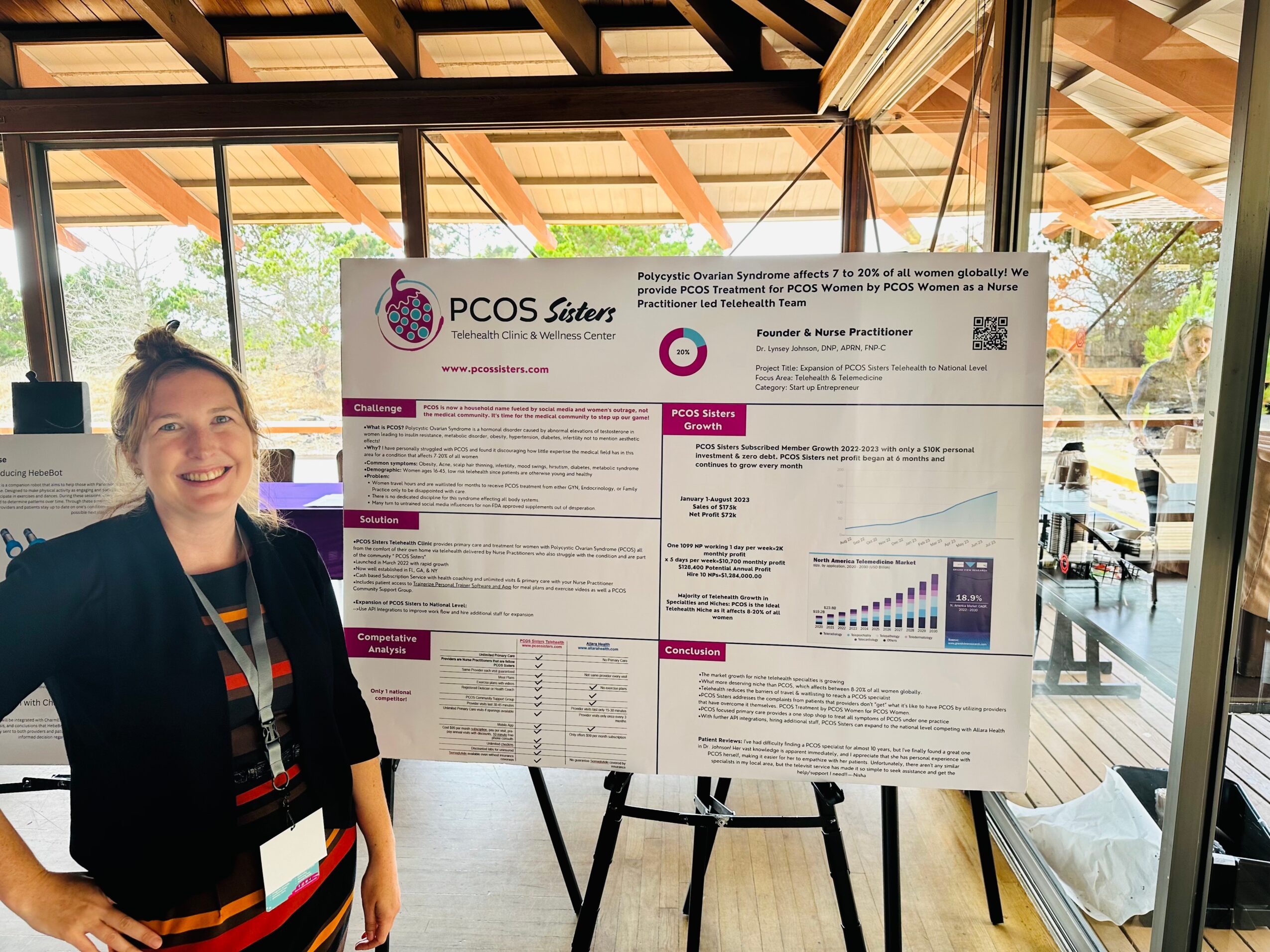 Smiling woman standing next to a large research poster titled 'PCOS Study' inside a building with large windows and outdoor seating.