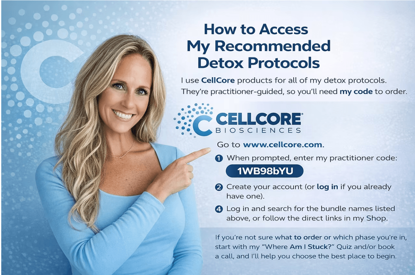 Woman with long blonde hair smiling and pointing at text about detox protocols and CellCore products.