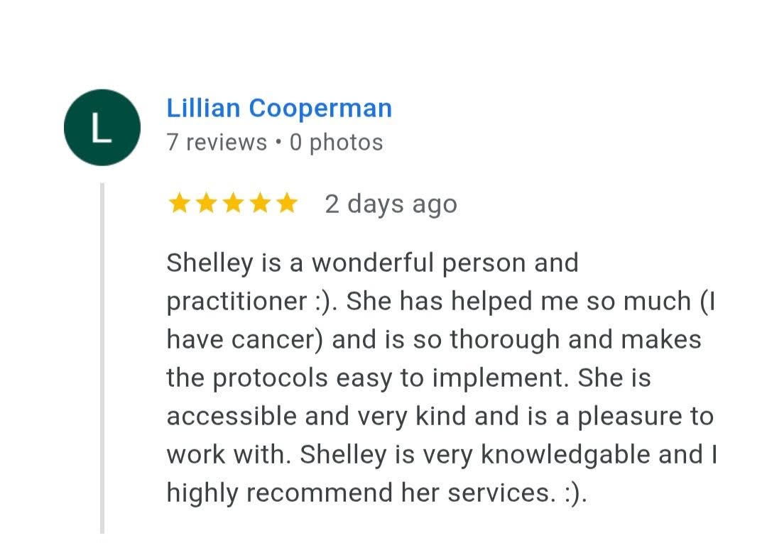 Review of Shelley praising her as a knowledgeable and caring practitioner, with five stars and two days ago.