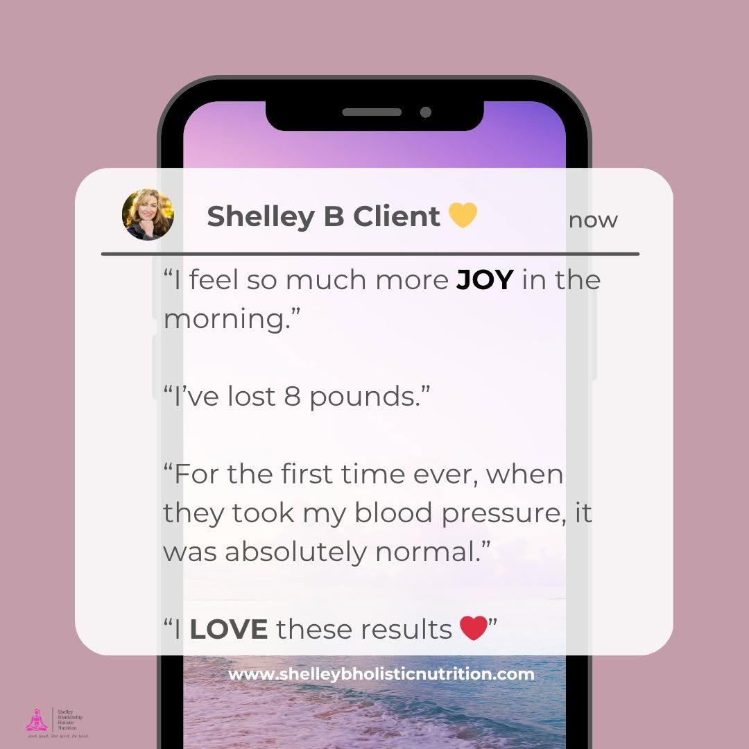 Smartphone screen showing a chat message from Shelley B Client about health and weight loss results.