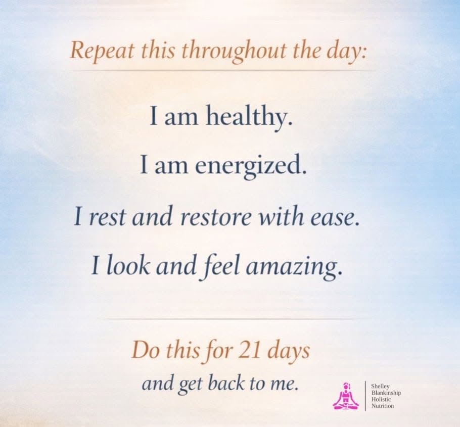 Inspirational health and wellness quote on a light blue background, with a pink logo at the bottom right corner.