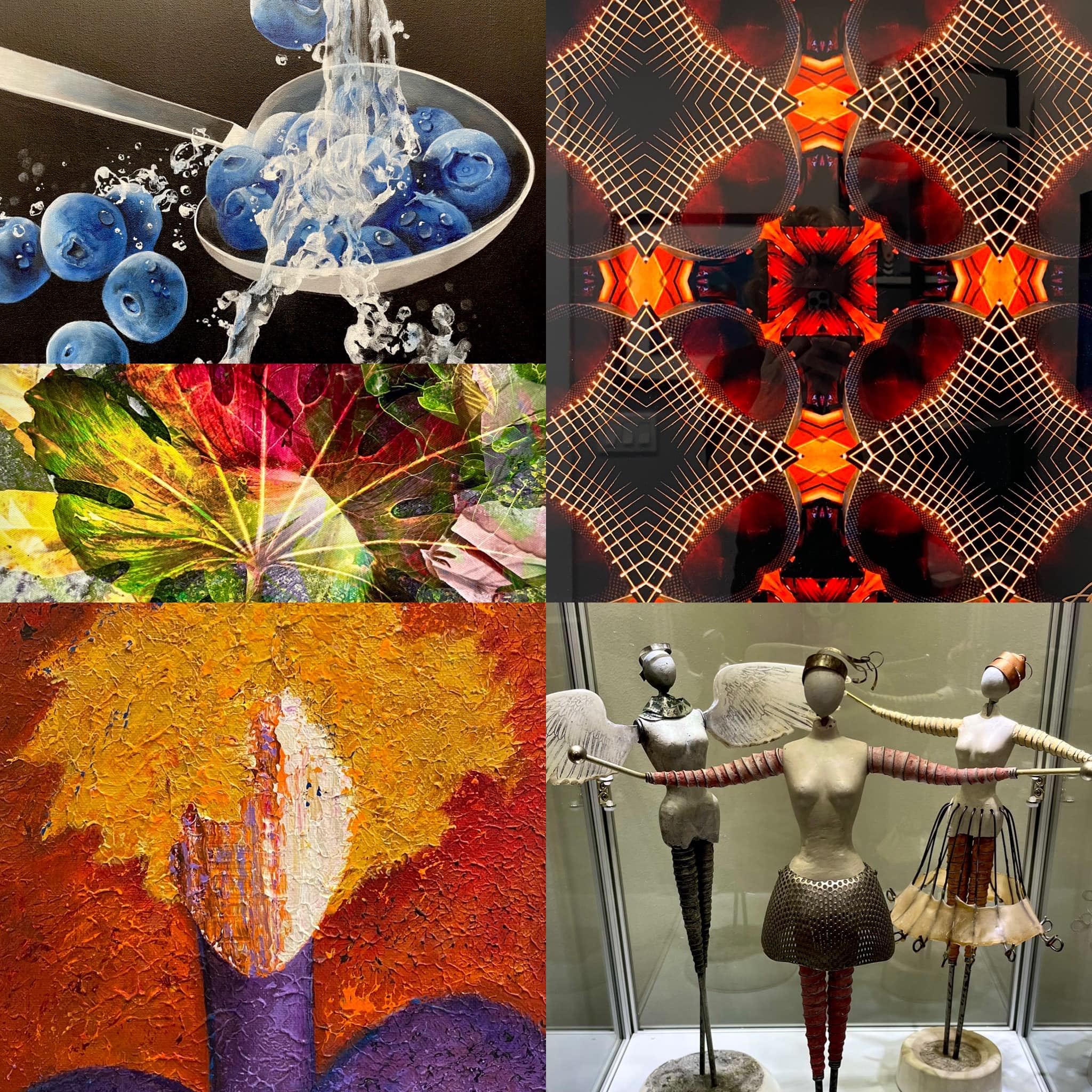 Collage of four abstract and artistic images including blueberries with water, geometric patterns, colorful leaf, and sculptures.