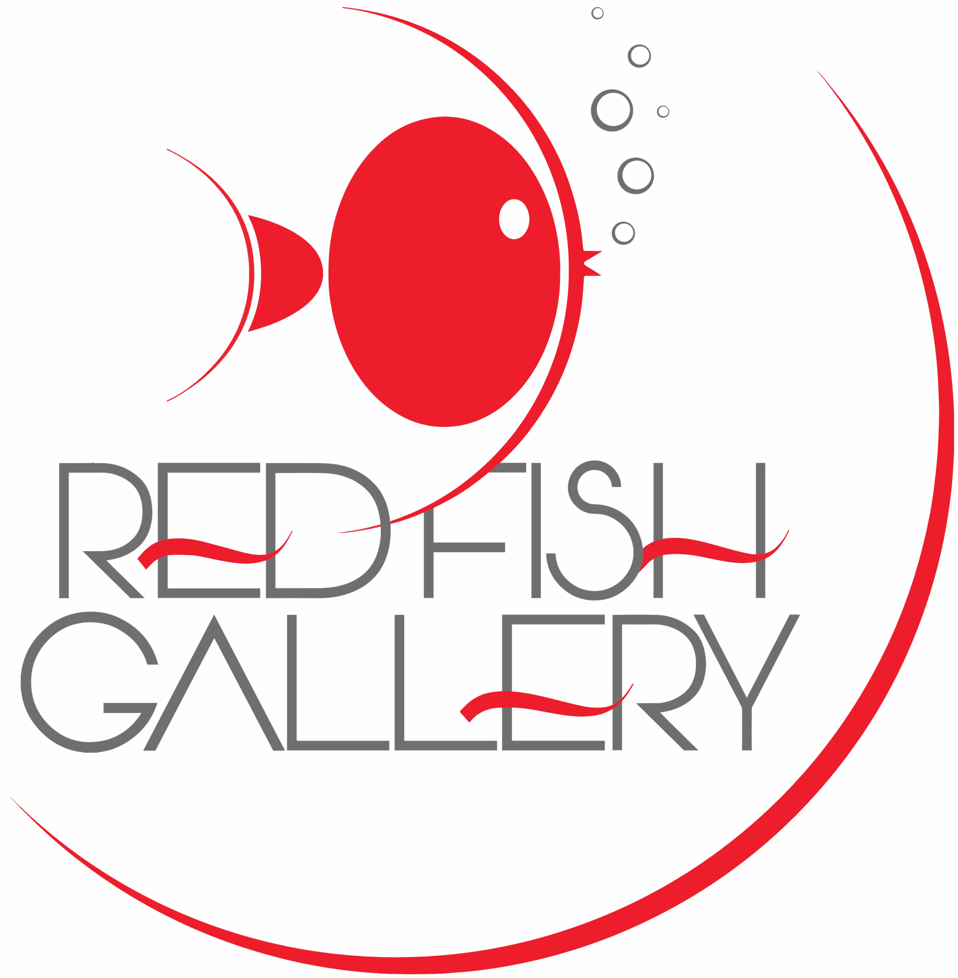 Red fish illustration with bubbles and text 'Red Fish Gallery' on black background.