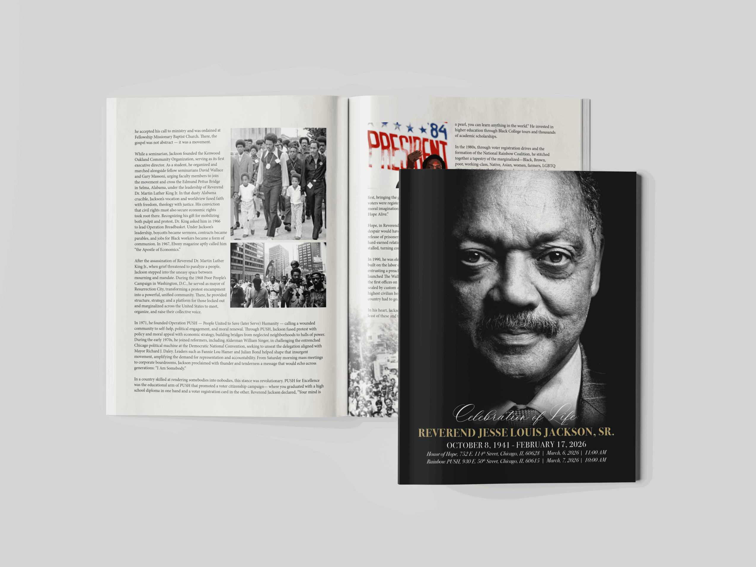 Open book with black-and-white photos and text, and a closed black book with a portrait of a man on the cover.