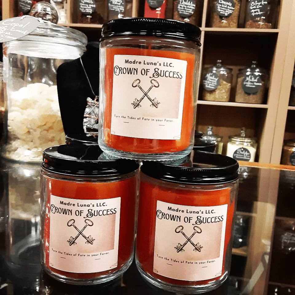 Three jars labeled 'Crown of Success' on a store shelf, with a black mannequin and other jars in the background.