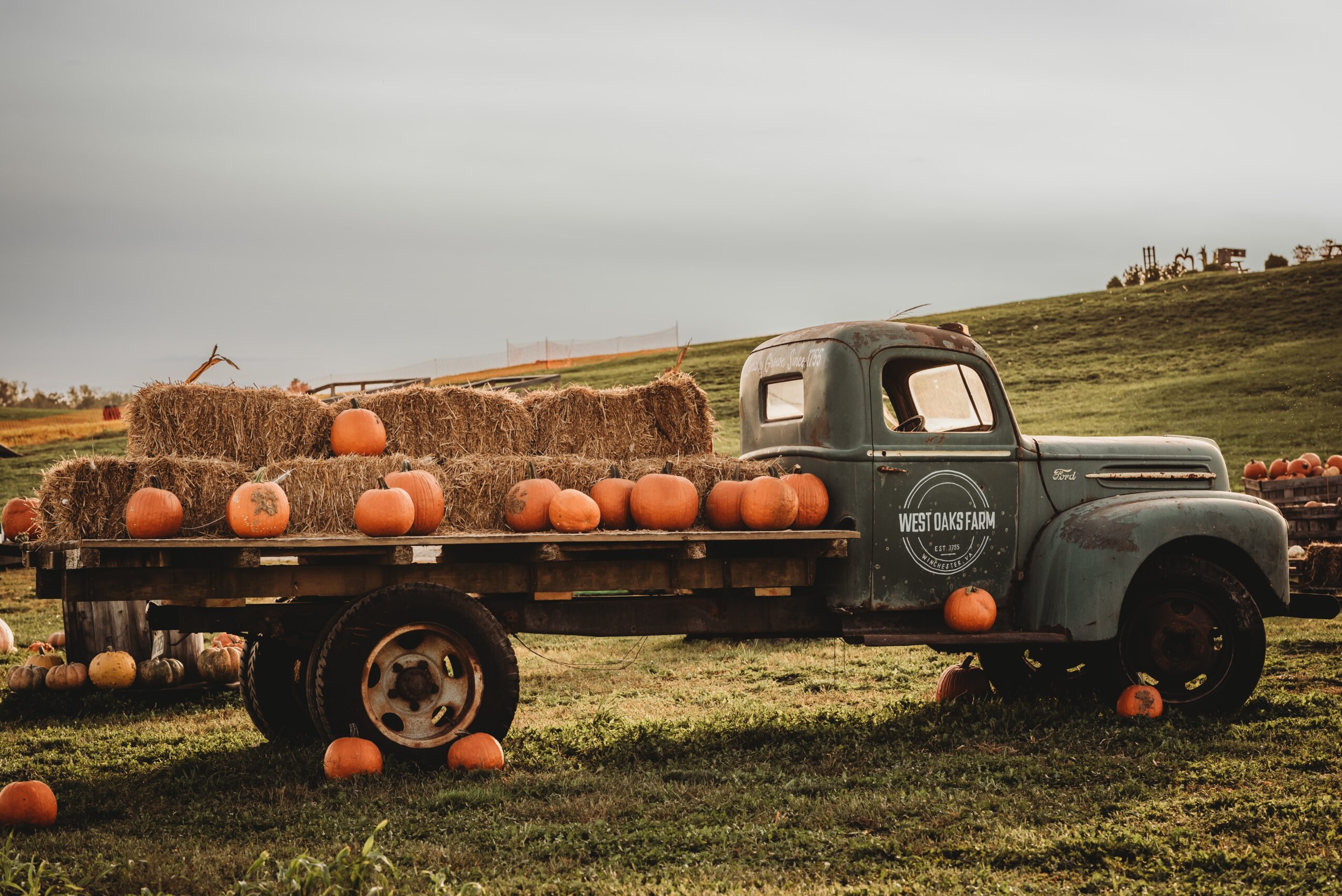 Old truck with hay bales and pumpkins in a field, hills in the background, cloudy sky.