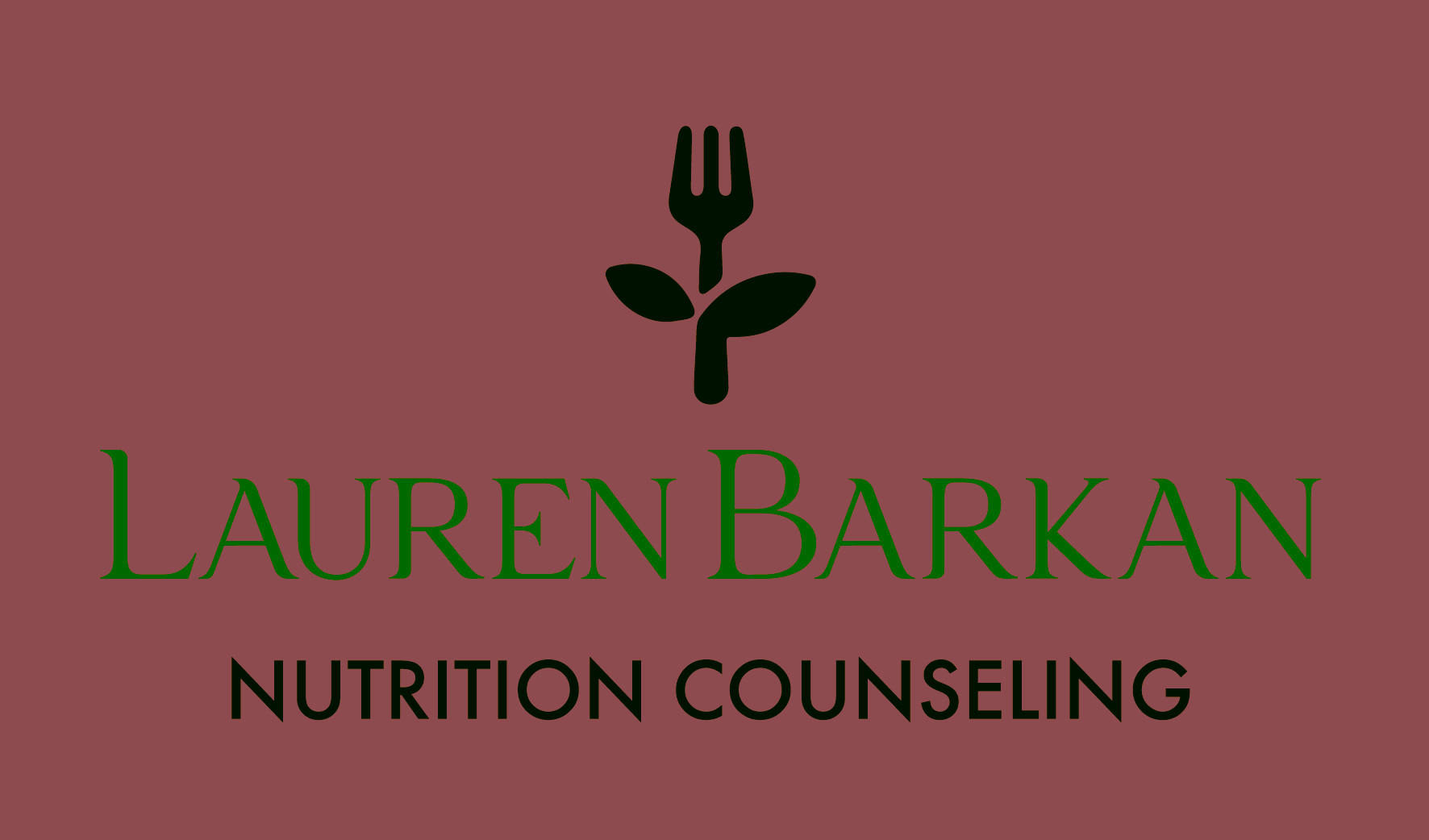 Logo with a fork and leaf design above text, and the name Lauren Barkan with Nutrition Counseling below, on a green background.