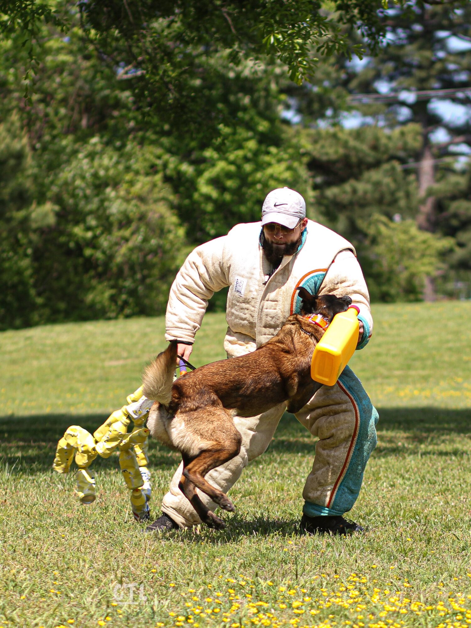 Person in protective gear holding a dog on a grassy field with trees in the background.