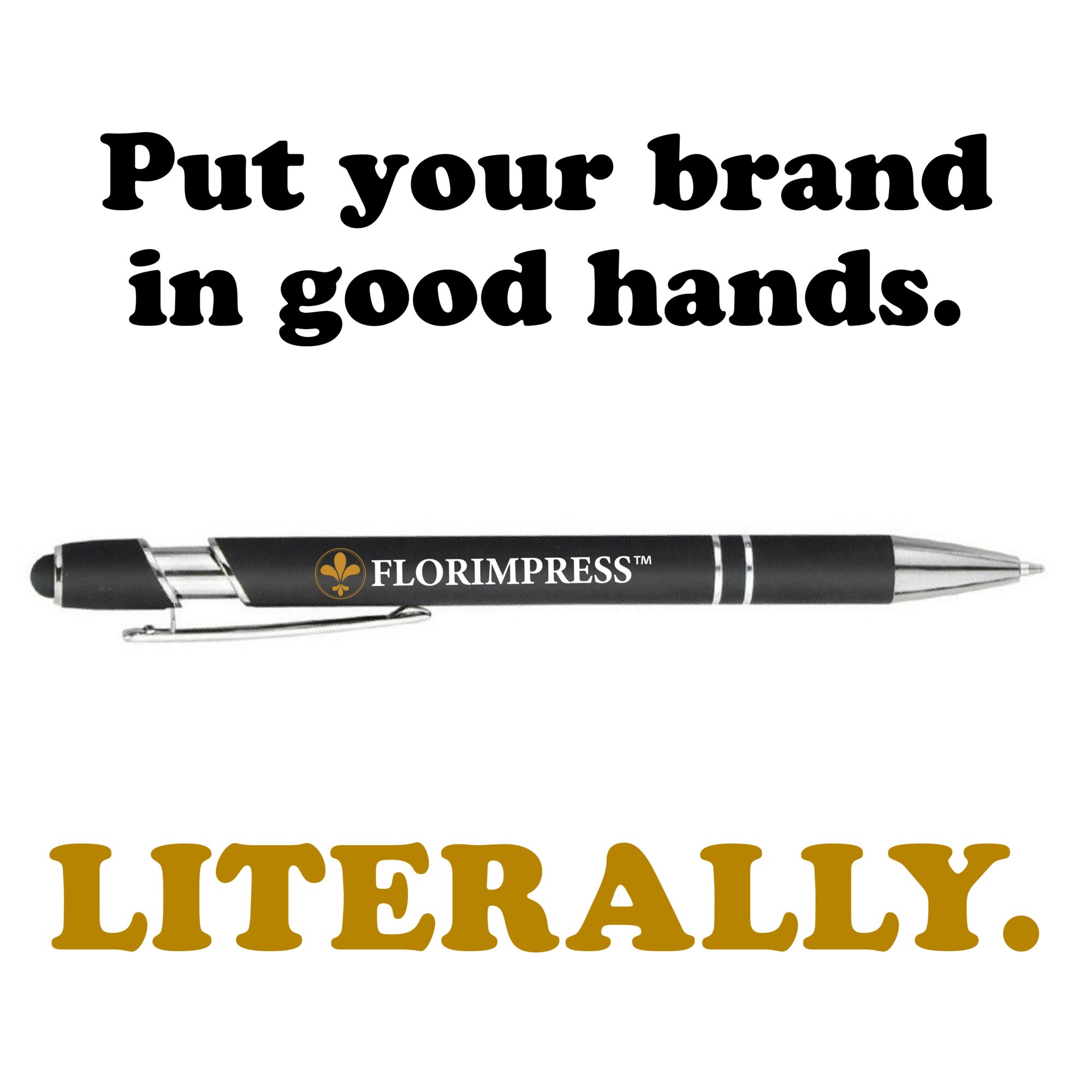 Black pen with gold logo and text, and bold black and gold text above and below the pen.