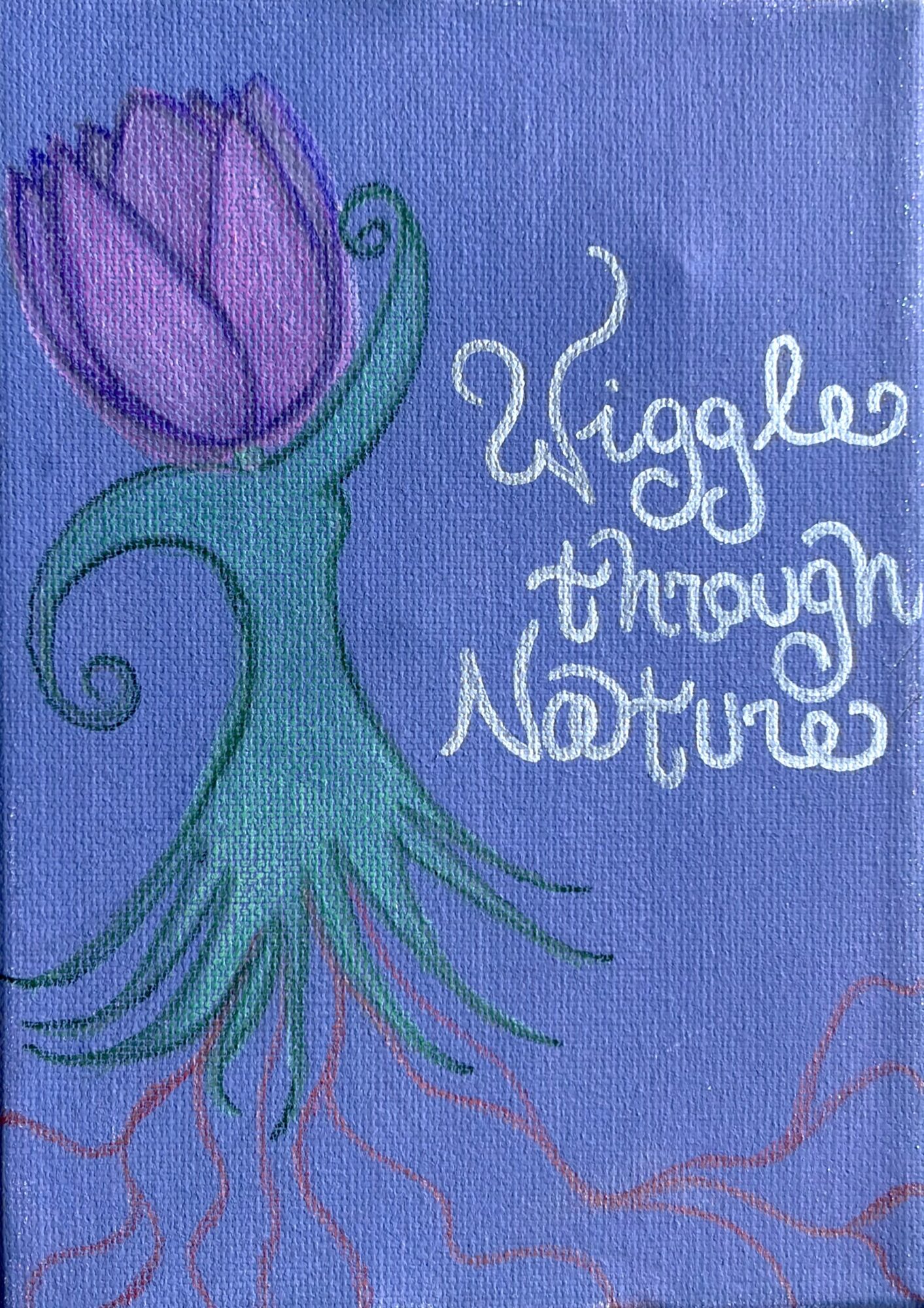 A purple flower with green stem and leaves, and white handwritten text reading 'Wiggle through Nature' on a blue background.