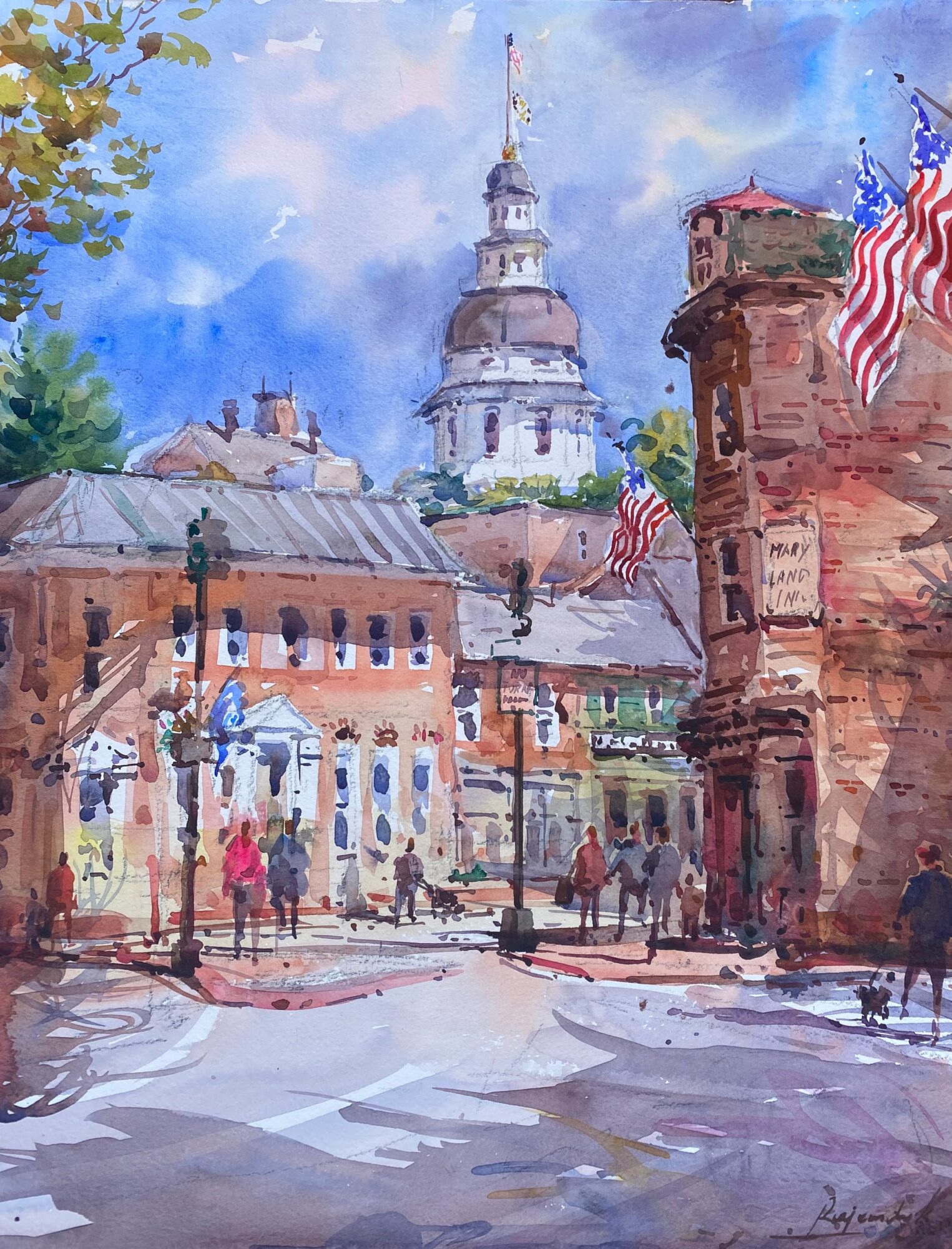 Watercolor painting of a city street with historic buildings, a tower in the background, and American flags, with people walking.
