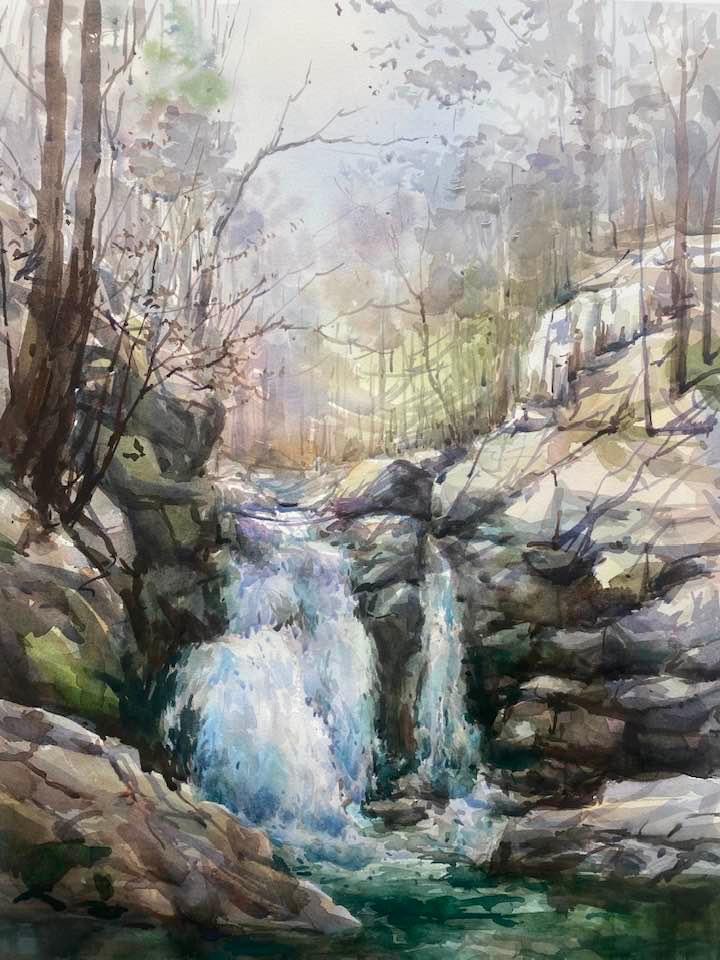 Waterfall flowing over rocks in a forested landscape with trees and misty background.