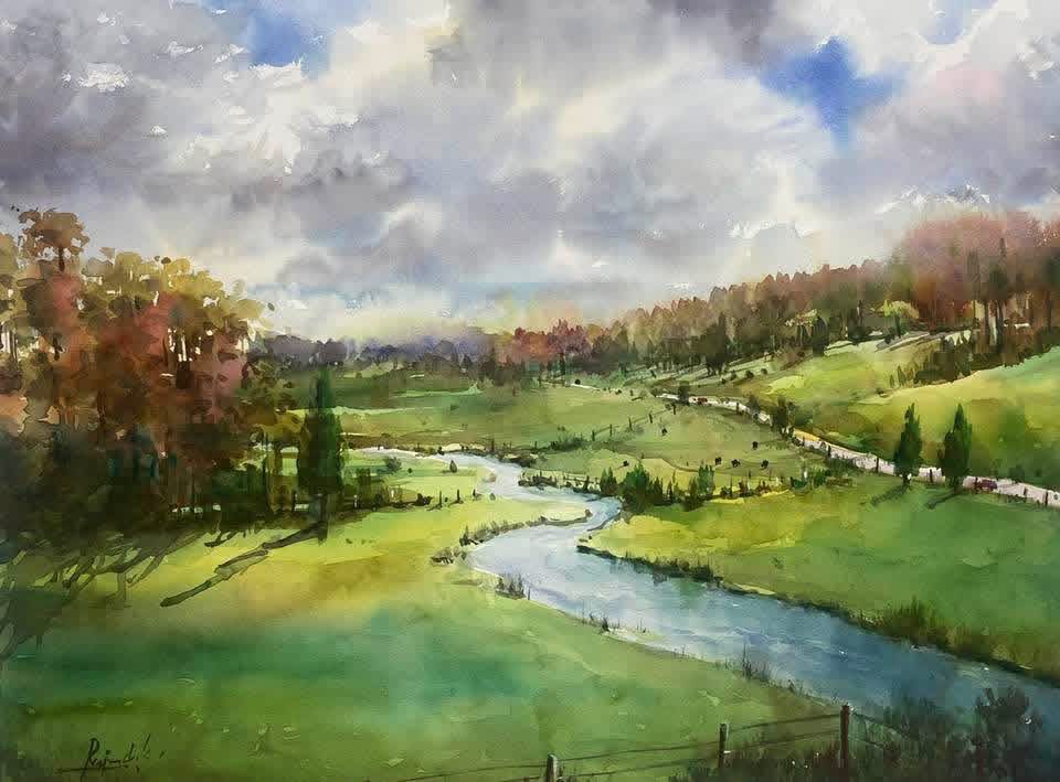 Landscape painting of a river flowing through green fields with trees and a cloudy sky.