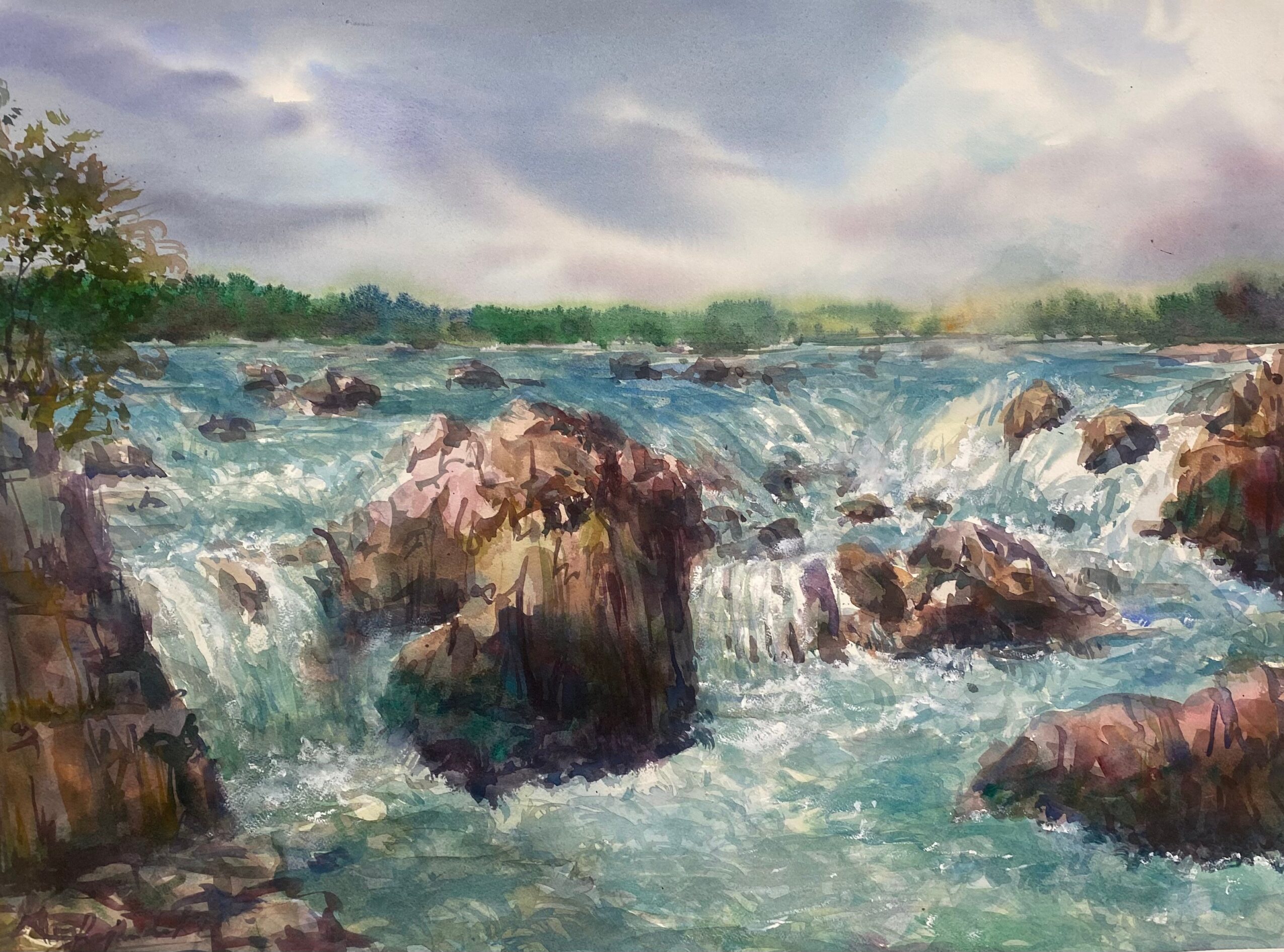 River with rocks and flowing water under cloudy sky, trees in background, watercolor style.